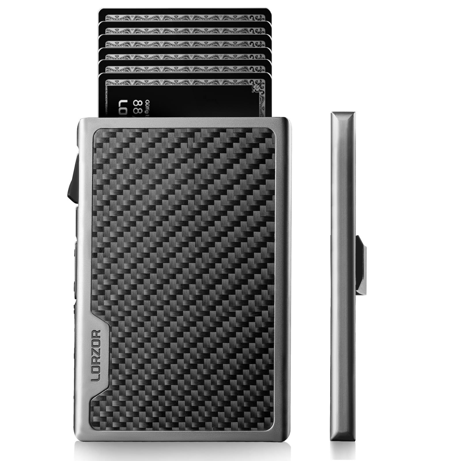 LORZOR Carbon Fiber Wallet for Men, 0.3IN Ultra-slim Minimalist Card Holder with Money Clip, Trigger Button for Quick Card Access, Ultra-light