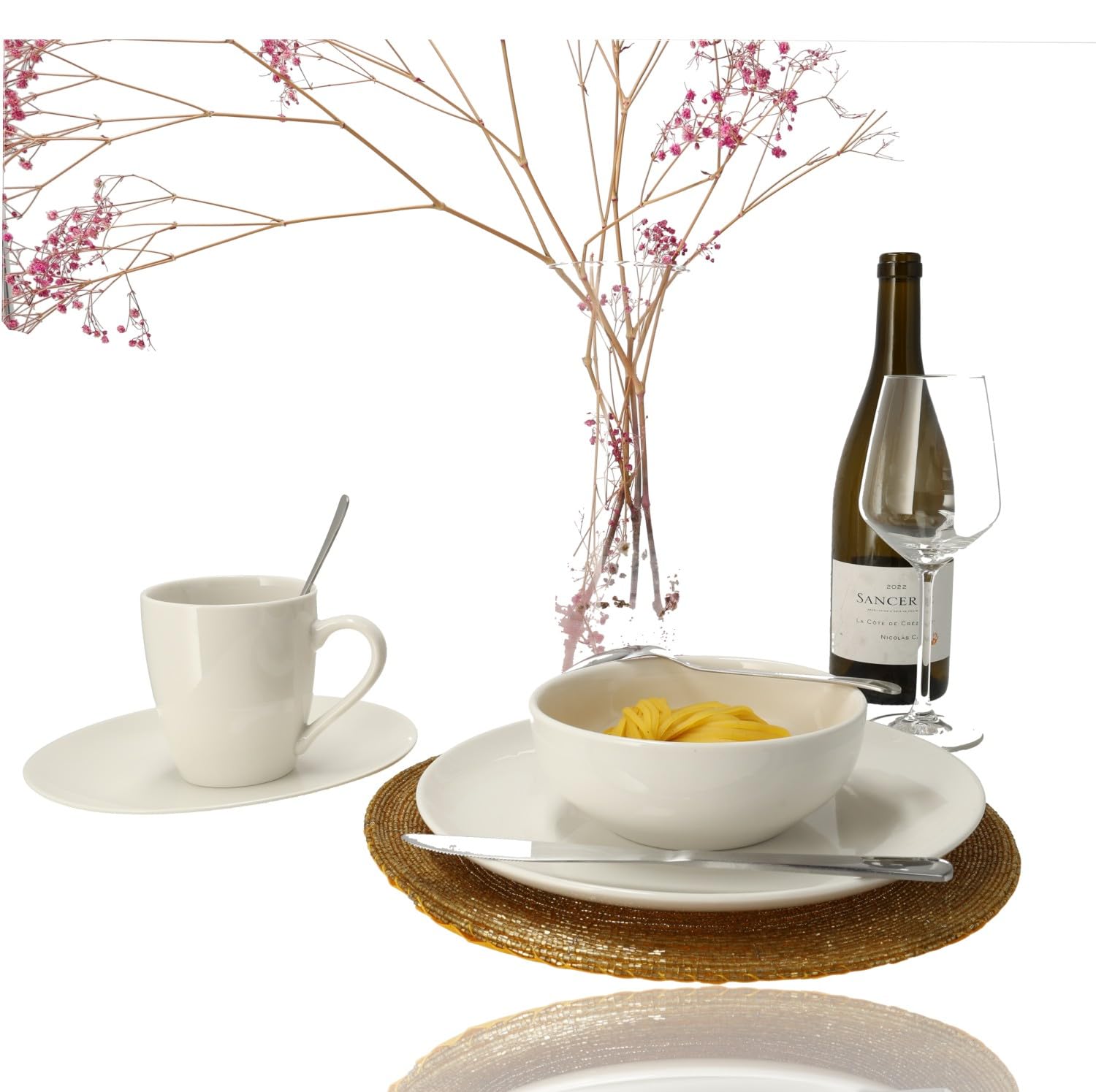 Vajilla blanca de 16 piezas – Vajilla de porcelana para 4 personas – Juego completo de platos con platos, platos de desayuno, cuencos y tazas – Microondas y Lavavajillas Resistente
