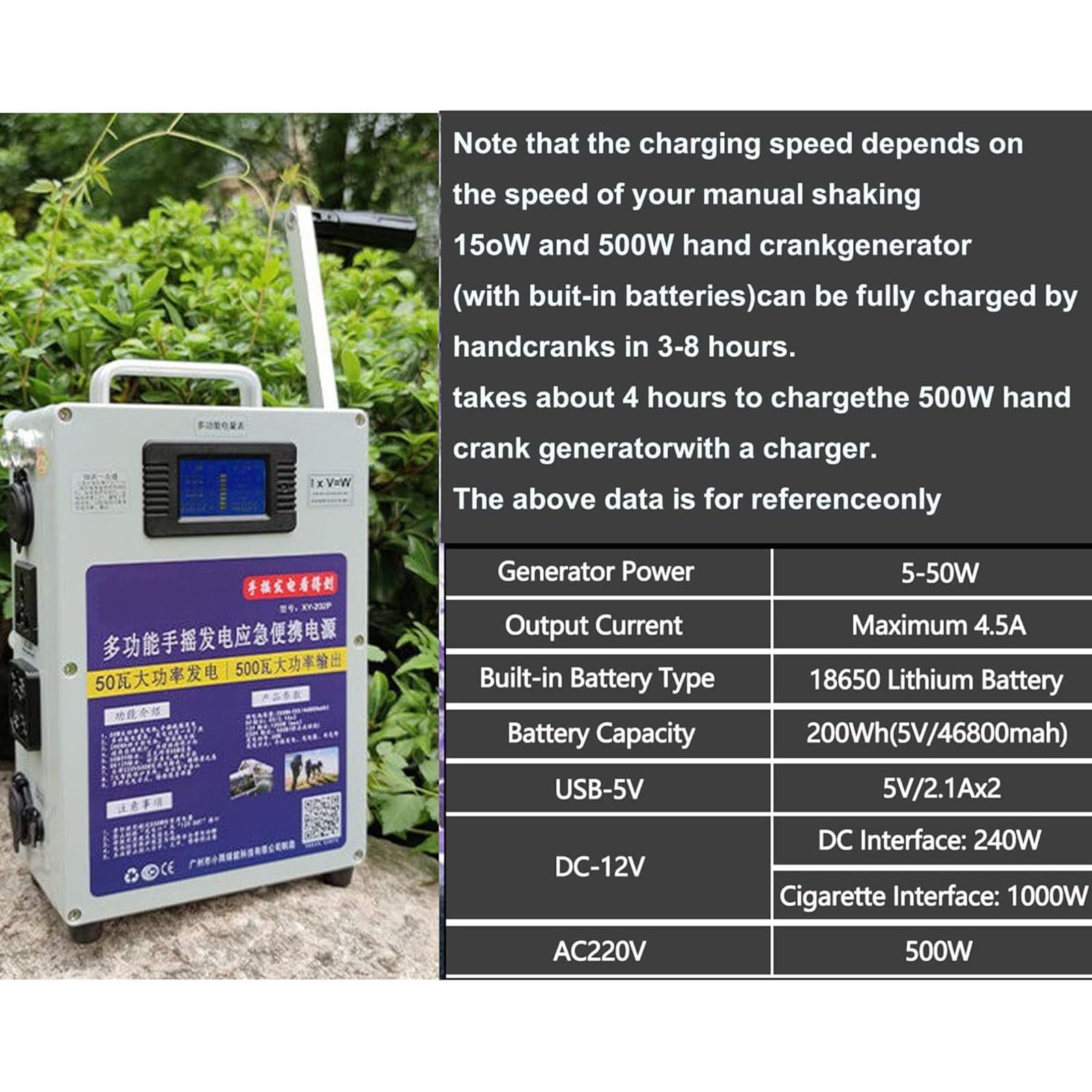 Fuente de alimentación de emergencia de 500W,Generador portátil de manivela. Estación de energía para camping,Para camping y cortes de luz.