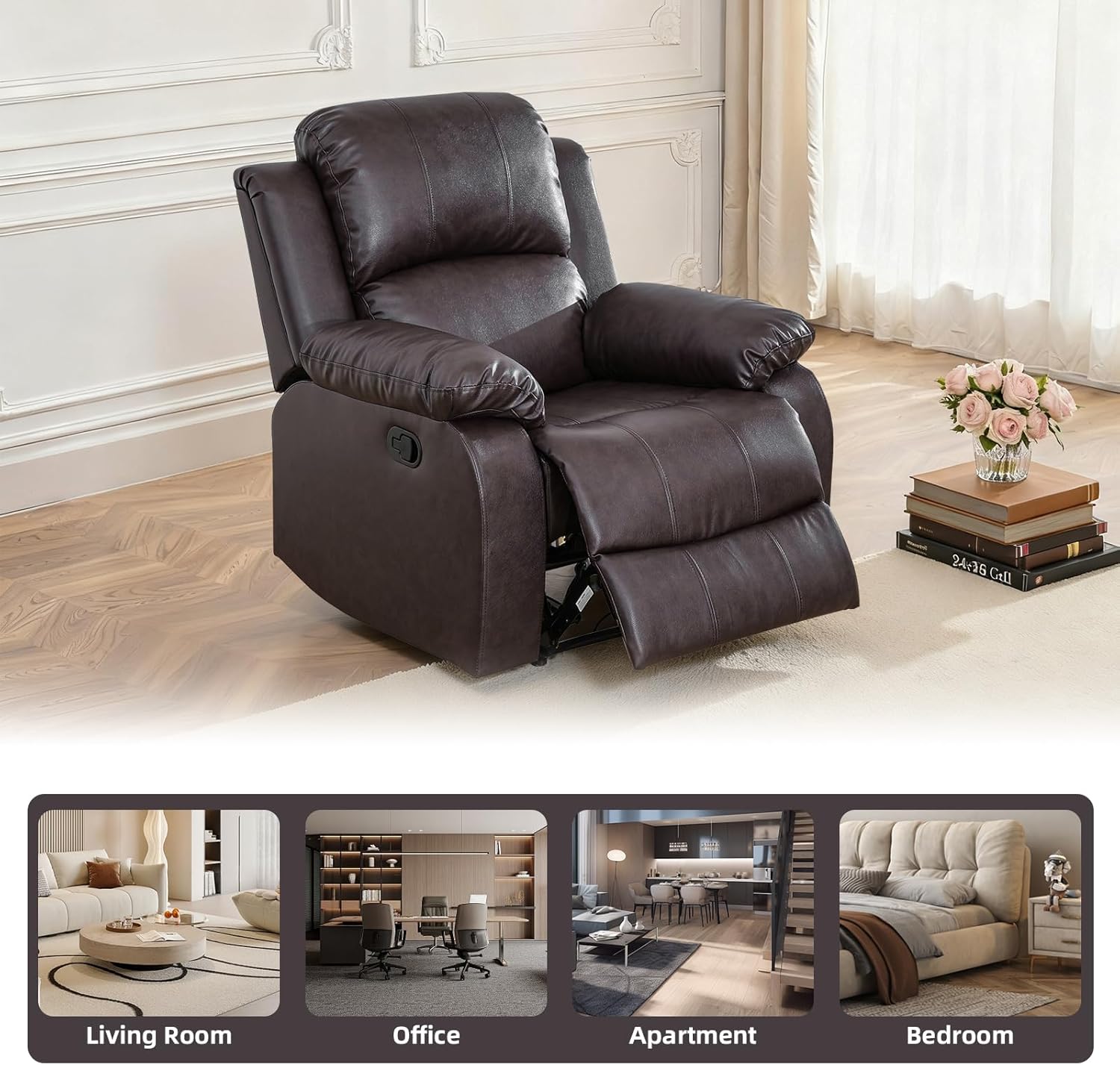 Single Manual Leather Recliner Chair, Living Room Furniture Reclining Couch Seat with Side Pockets, Swivel Rocker for Home or Office,Brown