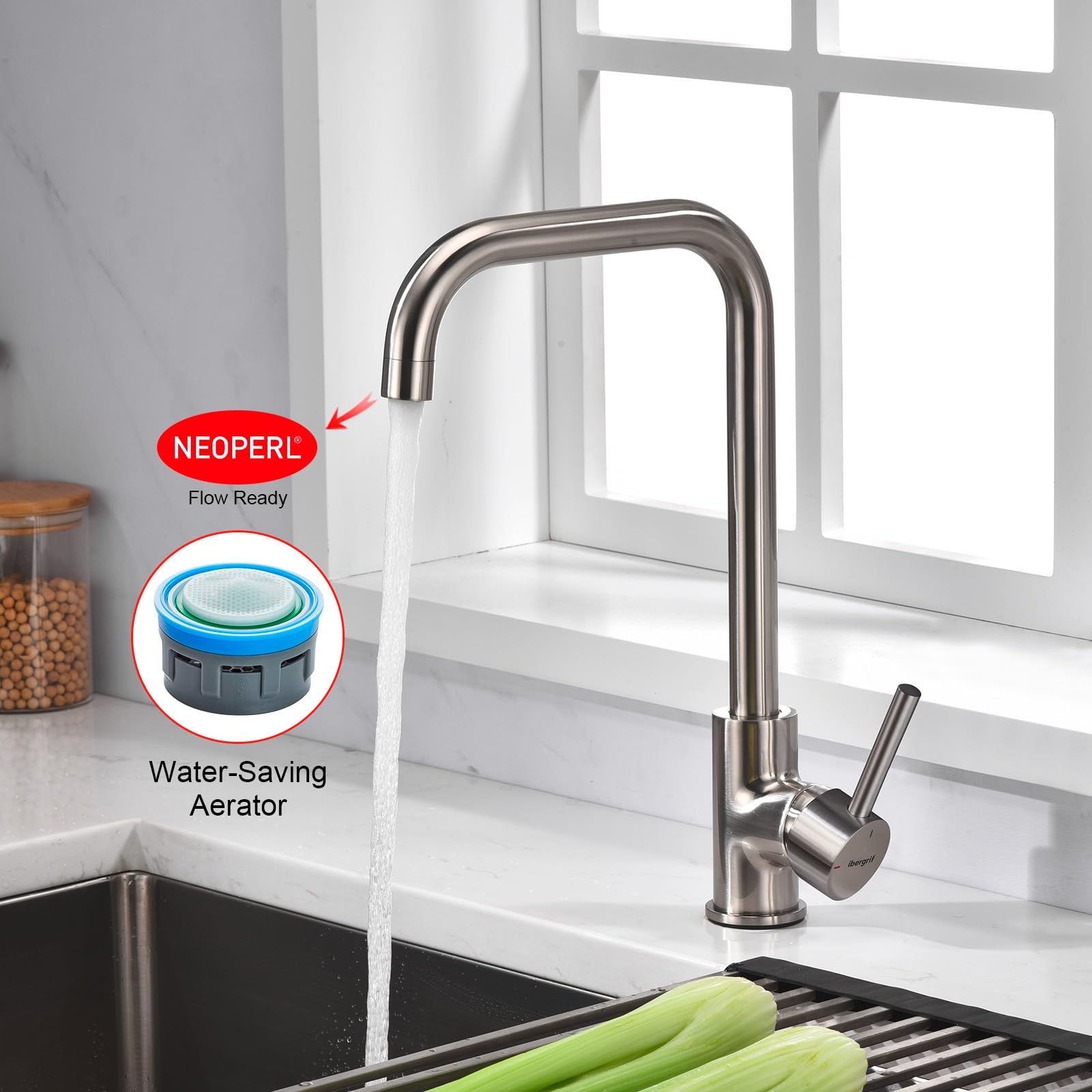Ibergrif Grifo de Cocina Giratorio 360° Monomando, Aireador ABS Extraíble, Cartucho Cerámico, Sin Plomo, para Fregadero 1 y 2 Senos, Acero Inoxidable Cepillado-M22105A