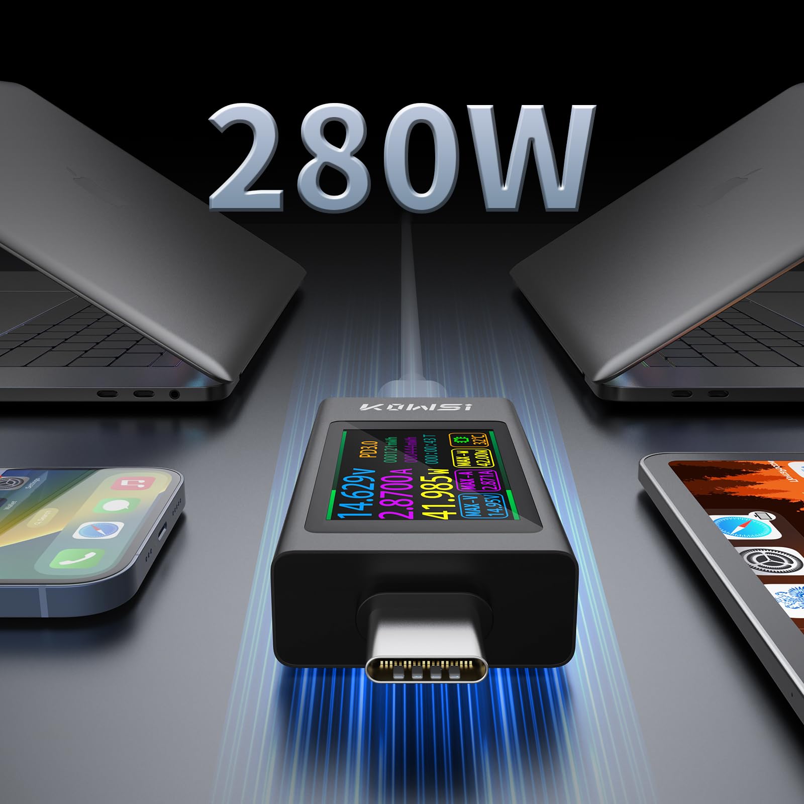 USB C Tester Multimetr Cyfrowy 3.3-40V 0-12A, USB-C Woltomierz Amperomierz, Tester Napięcia i Prądu, Miernik Ładowania do Powerbanków, Smartfonów i Ładowarek USB