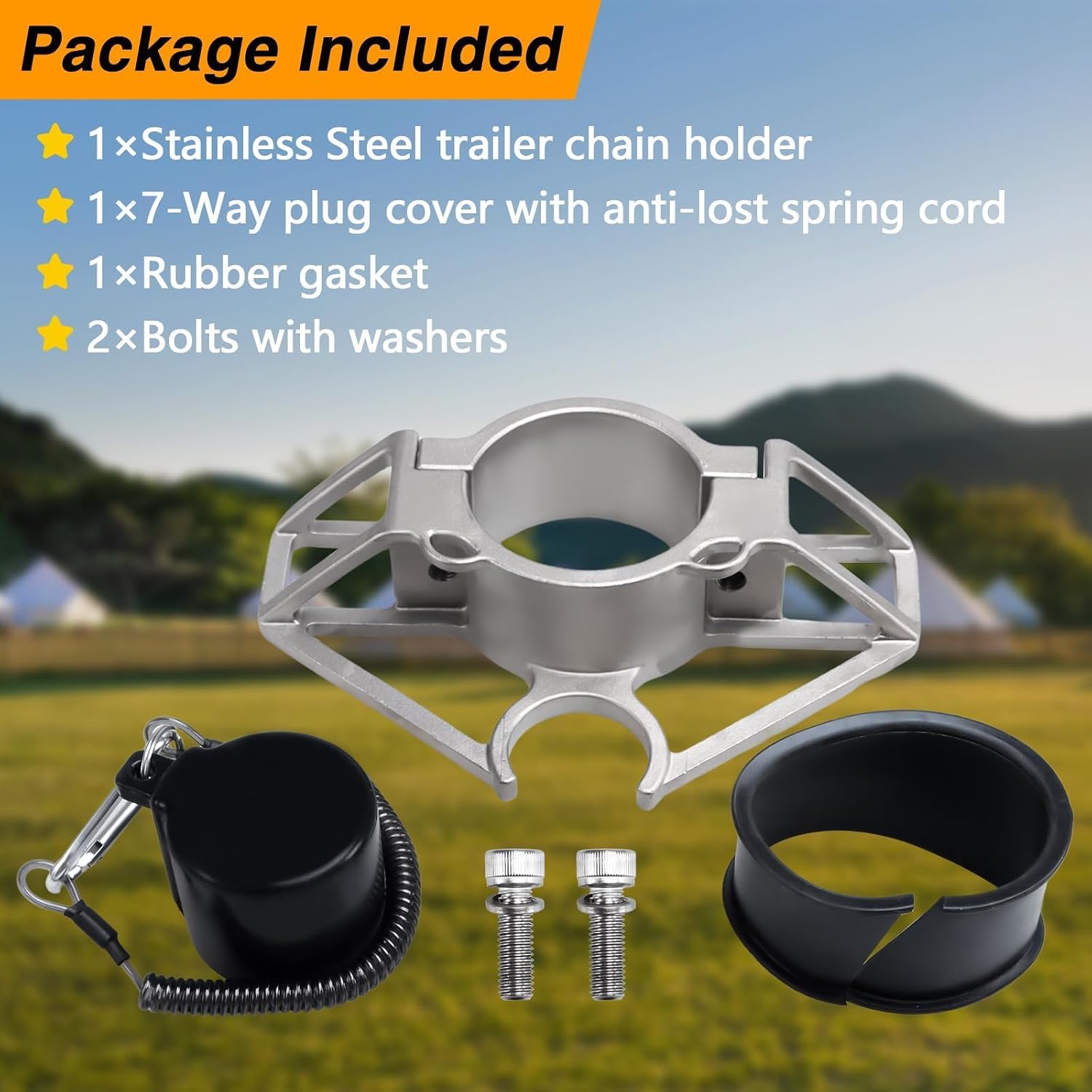 EVRBUL 630 Stainless Steel Trailer Towing Chain Organizer with 7-Way Trailer Plug Holder, Heavy Duty Trailer Cable Holder for RV Tongue Jack 2-1/4" Outer Tube, Includes Rubber Plug Cover