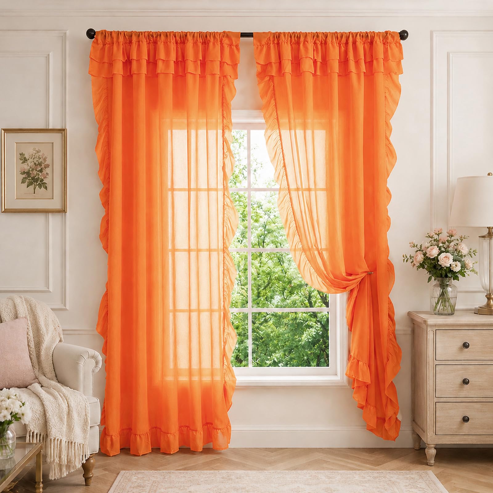 SSWH Voile Curtain, Rod Pocket Sheer Curtains for Bedroom, Ruffle Solid Color Voile Net Curtains for Windows Living Room(Size:100x200cm/W 39" x L 79" (2 Panels),Color:Orange Red)