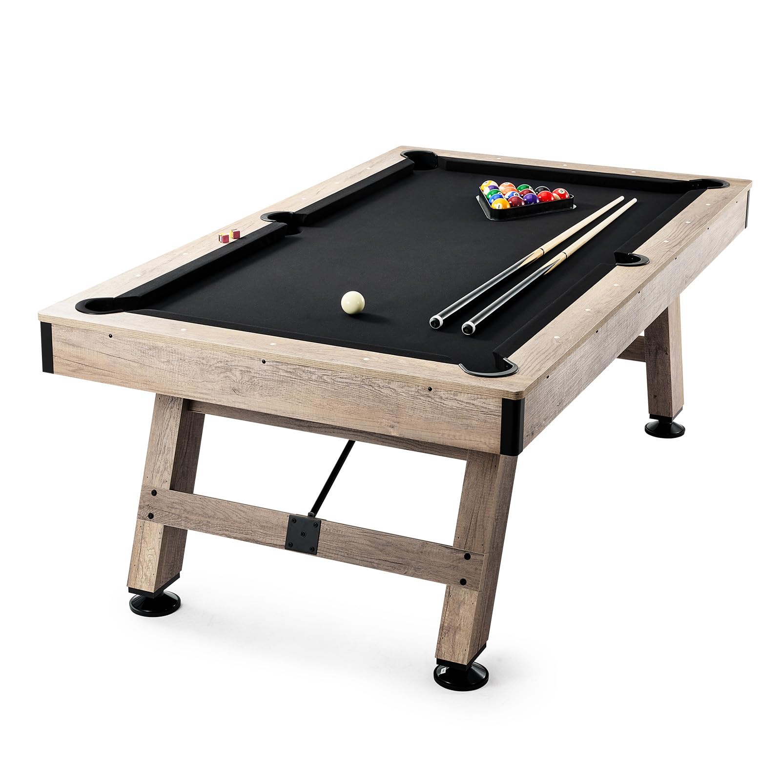 VEVOR Table de Billard 213,4 cm, Kit de Billard Pieds Réglables, Ensemble d'Accessoires Complets avec Balles, Queues, Craies et Brosse, Couleur Bois avec Tissu Noir, pour Domicile, Club, Café-Bar