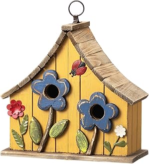 Glitzhome Hanging Birdhouses for Outside, 10.75" L Distressed Solid Wood Birdhouse with 3D Flowers Rustic Two-Story Townhouse Hand-Painted Bird Houses for Outdoors,Washed Yellow