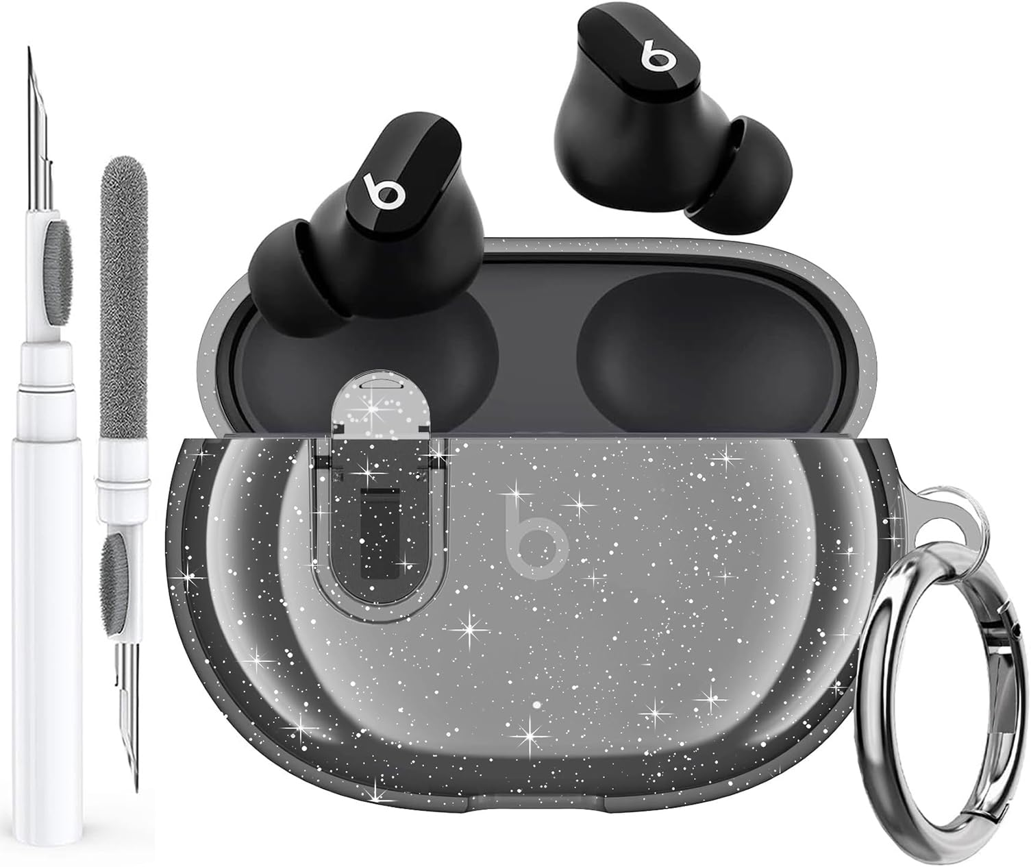 Olytop for Beats Studio Buds/Buds + Clear Case with Lock 2021/2023, Soft Bling Transparent TPU Protective Cover Skin with Cleaner Kit&Keychain for Beat Studio Buds/Buds Plus Earbuds - Glitter Black