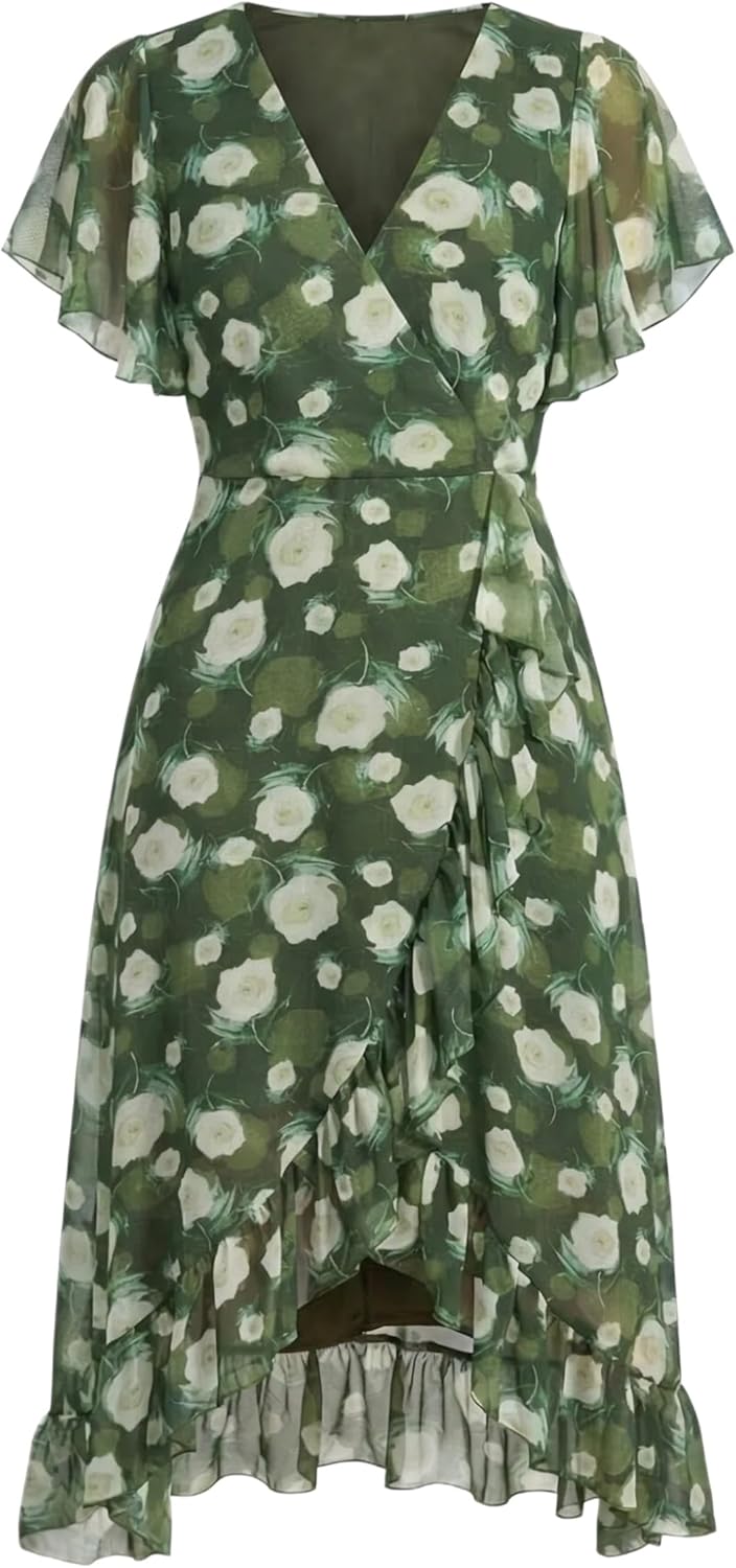 Women's 2026 Summer Flutter Short Sleeve WrapV Neck Ruffle Asymmetrical Hem Floral Printed Cocktail Dress