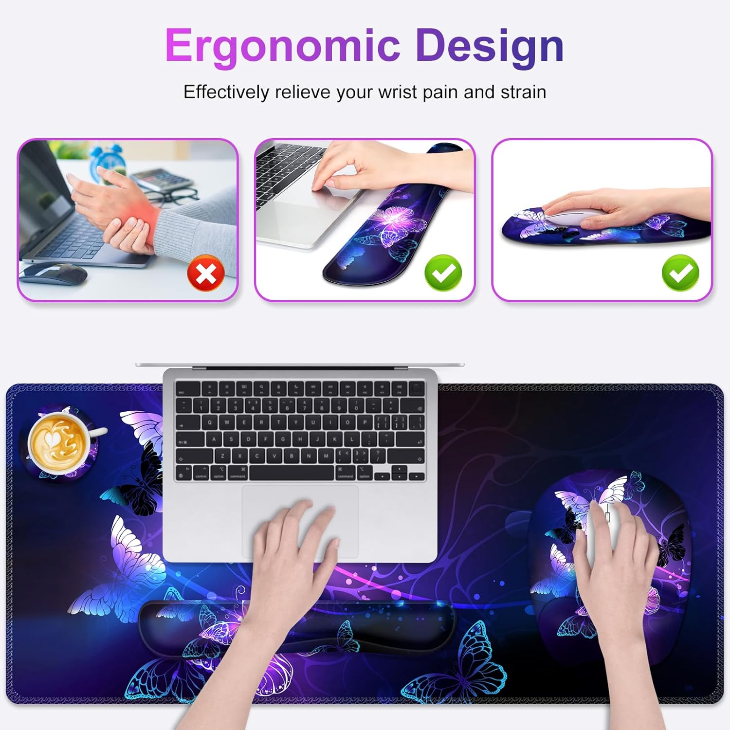 Large Mouse Pad with Wrist Support 4in1 Set, XXL Game Mousepad + Keyboard Wrist Rest+Mouse Wrist Rest+Coaster with Ergonomic Design Gaming Mat for Home Office Table Computer I Purple Butterfly