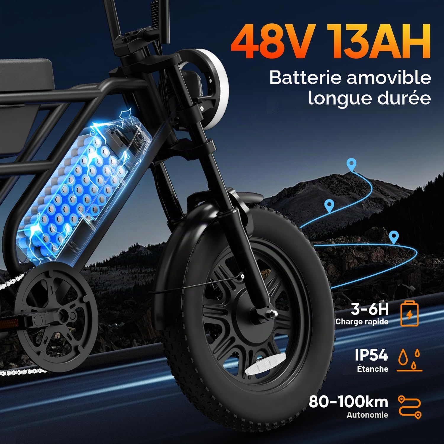 URLIFE Vélo Électrique pour Adultes, 16" x 3.0 Portée de 100 km E Bike | Batterie Amovible 48V 13Ah, Portée de 100 km Moteur sans Balais 250W, Double Suspension, Velo Electrique pour Adolescents