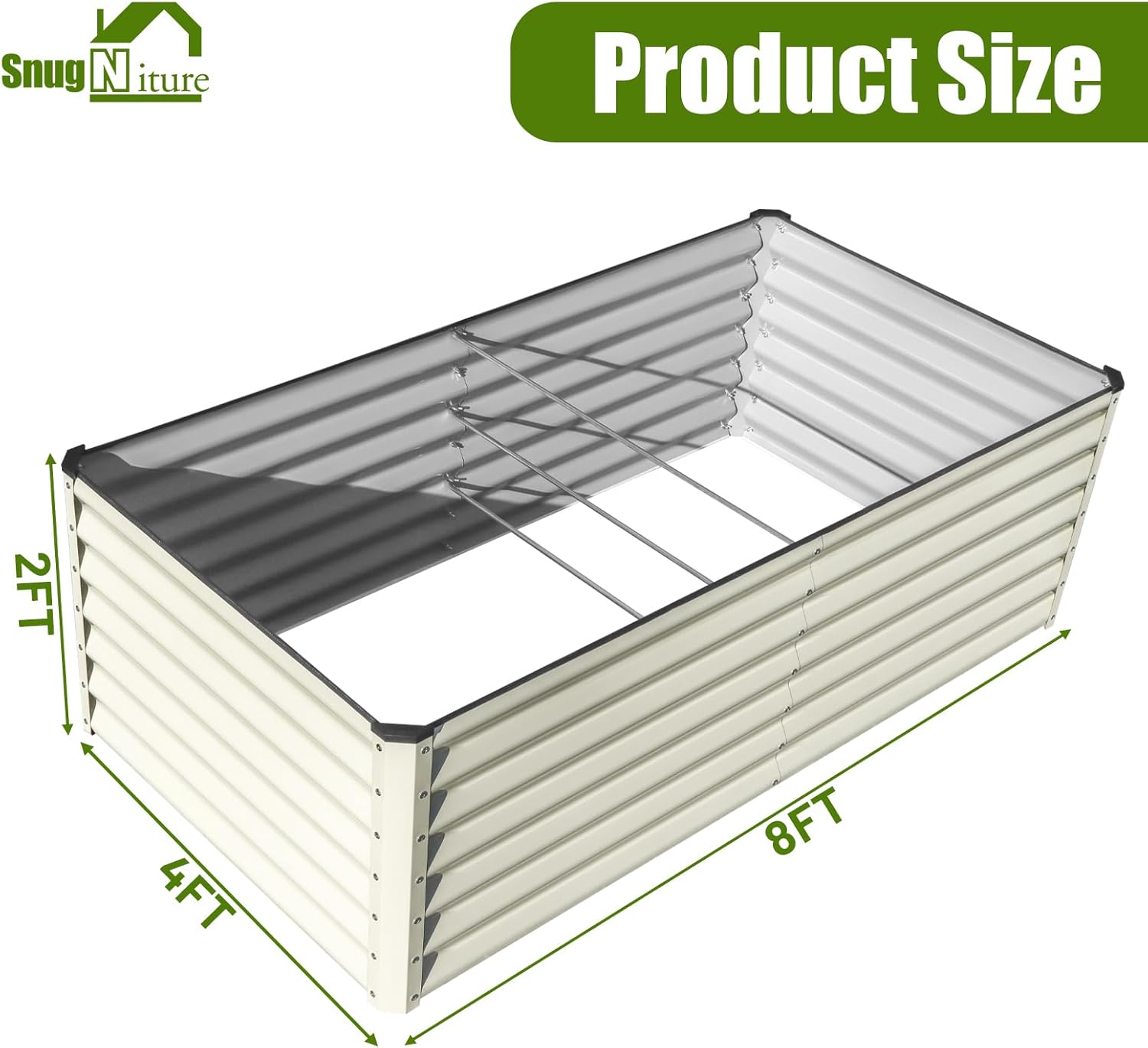 SnugNiture White Galvanized Metal Raised Garden Bed, 8x4x2 Feet Large Outdoor Planter Box Kit for Vegetables, Flowers