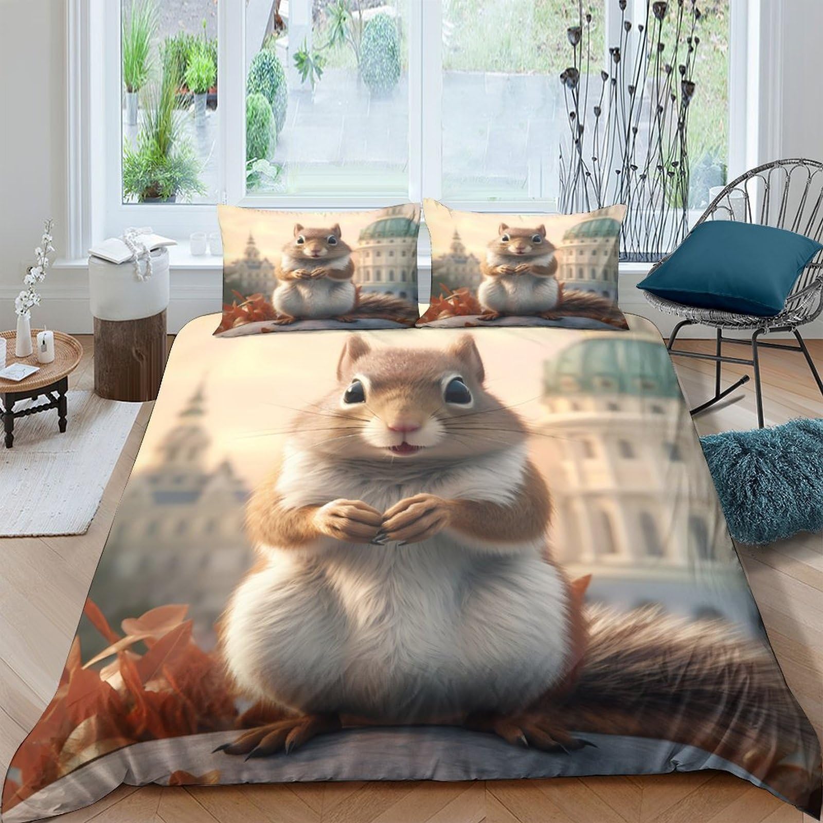 GPLZQXKJNH 3D Printed Cute Squirrel Duvet Cover Set Microfiber Soft Breathable Forest Animal Bedding Set with 2 Pillowcases for Bedroom Single（135x200cm）