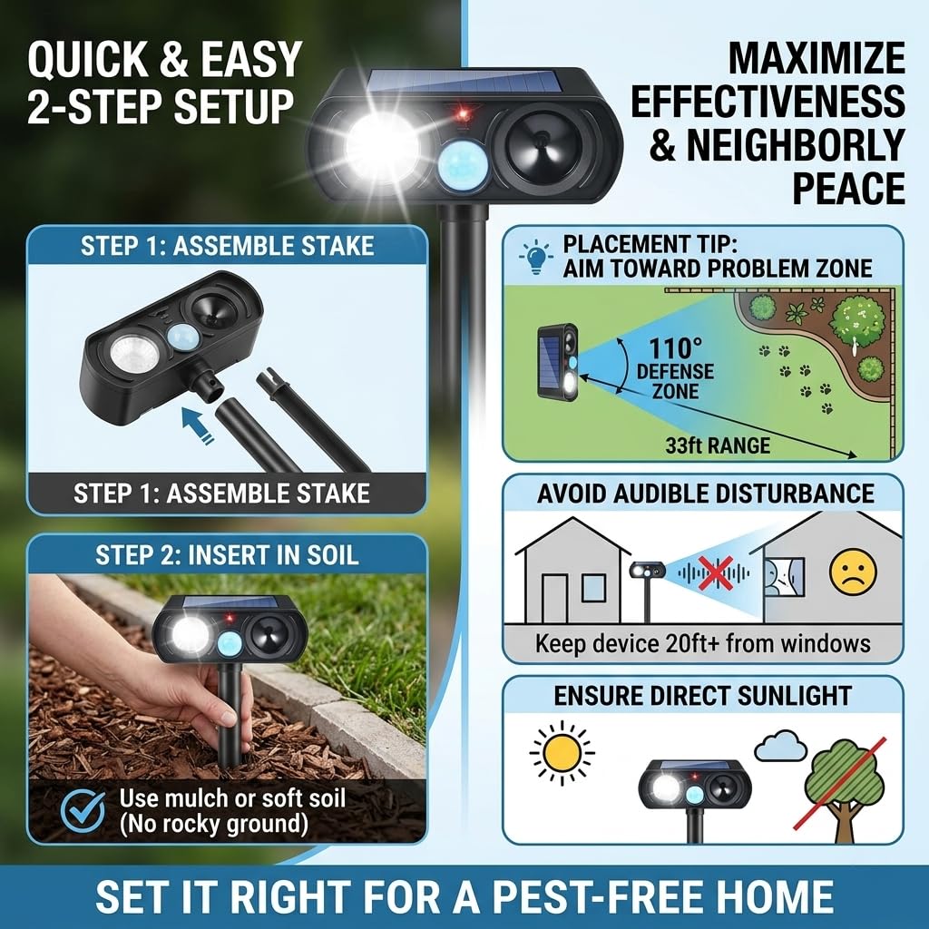Sonic Fortress Pro 2026 Dispositivi repellenti per cervi per piante, confezione da 4 repellenti per gatti selvatici, ad ultrasuoni, ad energia solare, con sensore di movimento e luce flash, procioni