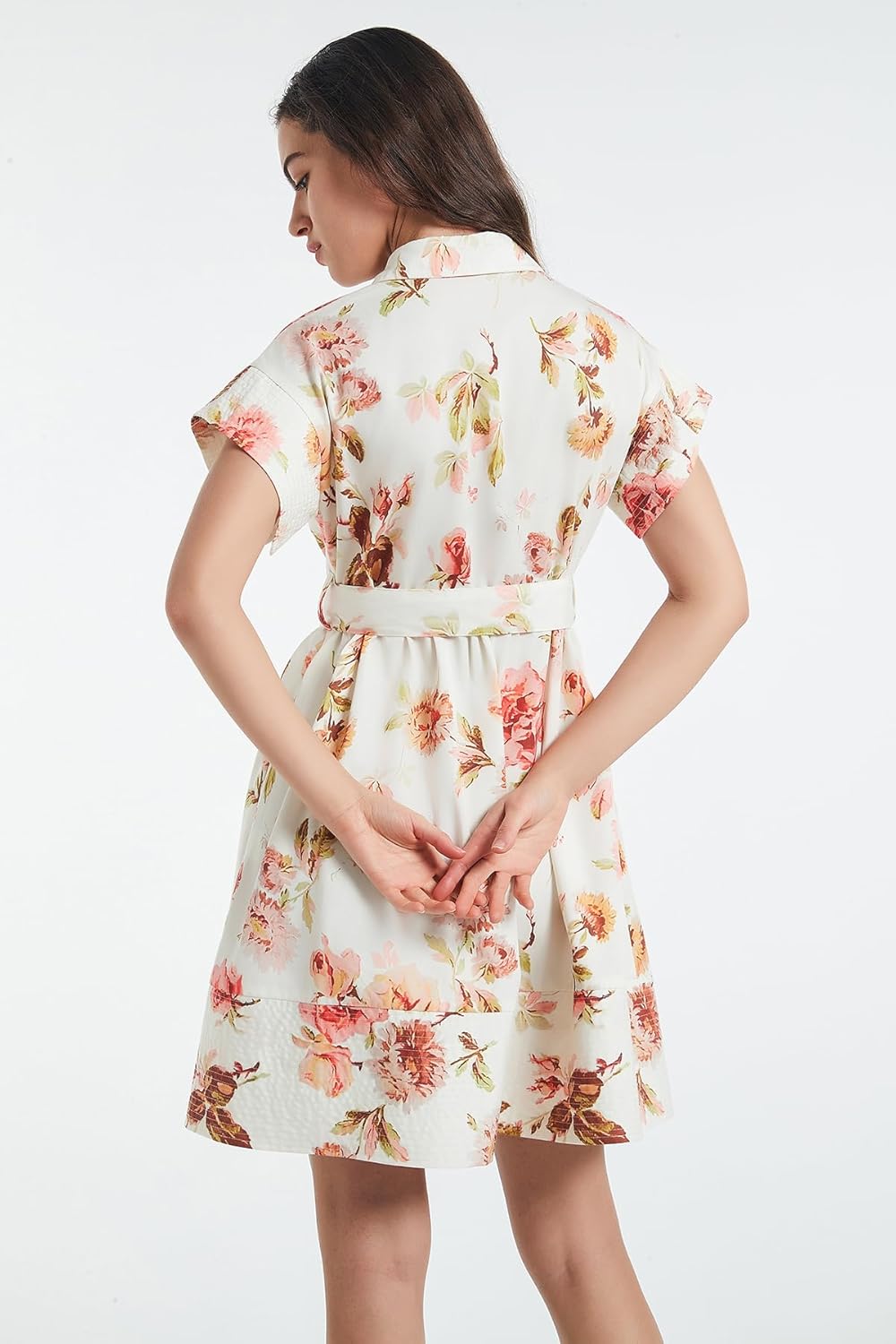 D-Sun Women Button Down Shirt Dress V-Neck Floral Printed Short Sleeve Mini Dress Casual Belted Short Party with Pocket - Image 4