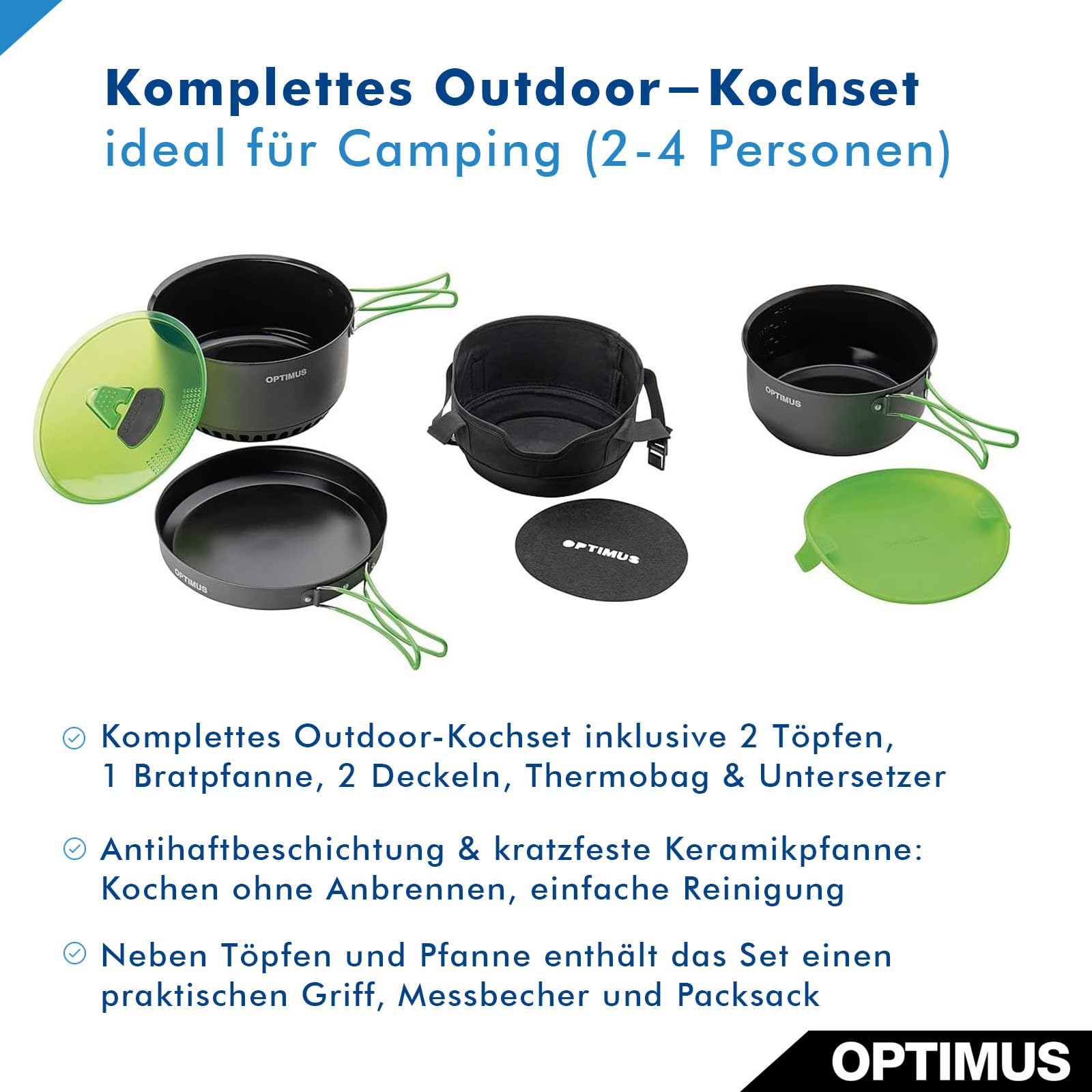 Optimus Terra Camp 4 Kochset – 7-teiliges Outdoor-Kochgeschirr mit Wärmetauscher, Thermobag & Antihaftbeschichtung | Für 2–4 Personen | 1160 g | Ø 233 × 136 mm