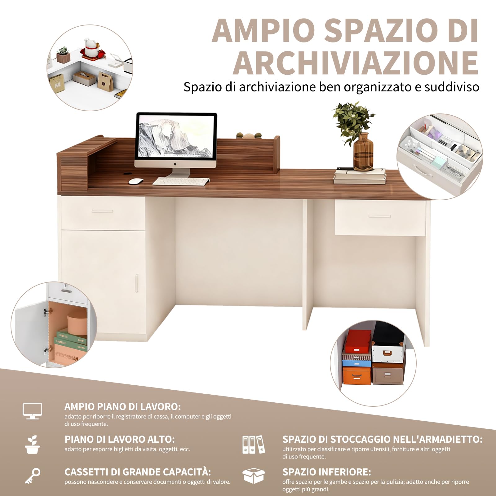 Bancone Reception in Legno Massello con Cassetto e Mobiletto Chiudibili a Chiave, Ampio Spazio di Archiviazione, Lunghezza 100–240 cm, Ideale per Ufficio, Salone, Hall e Negozio