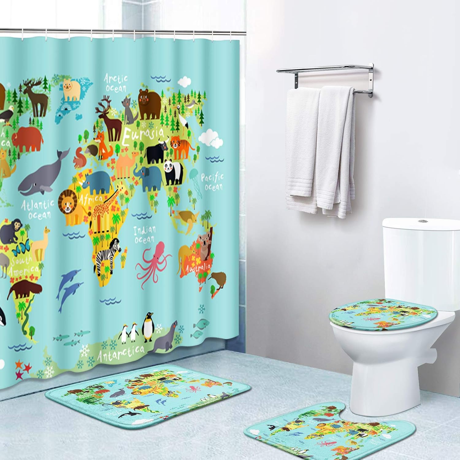 Britimes 4 Piece Shower Curtain Sets, with 12 Hooks, Animal Map World with Non-Slip Rugs, Toilet Lid Cover and Bath Mat, Durable and Waterproof, for Bathroom Decor Set, 72" x 72"
