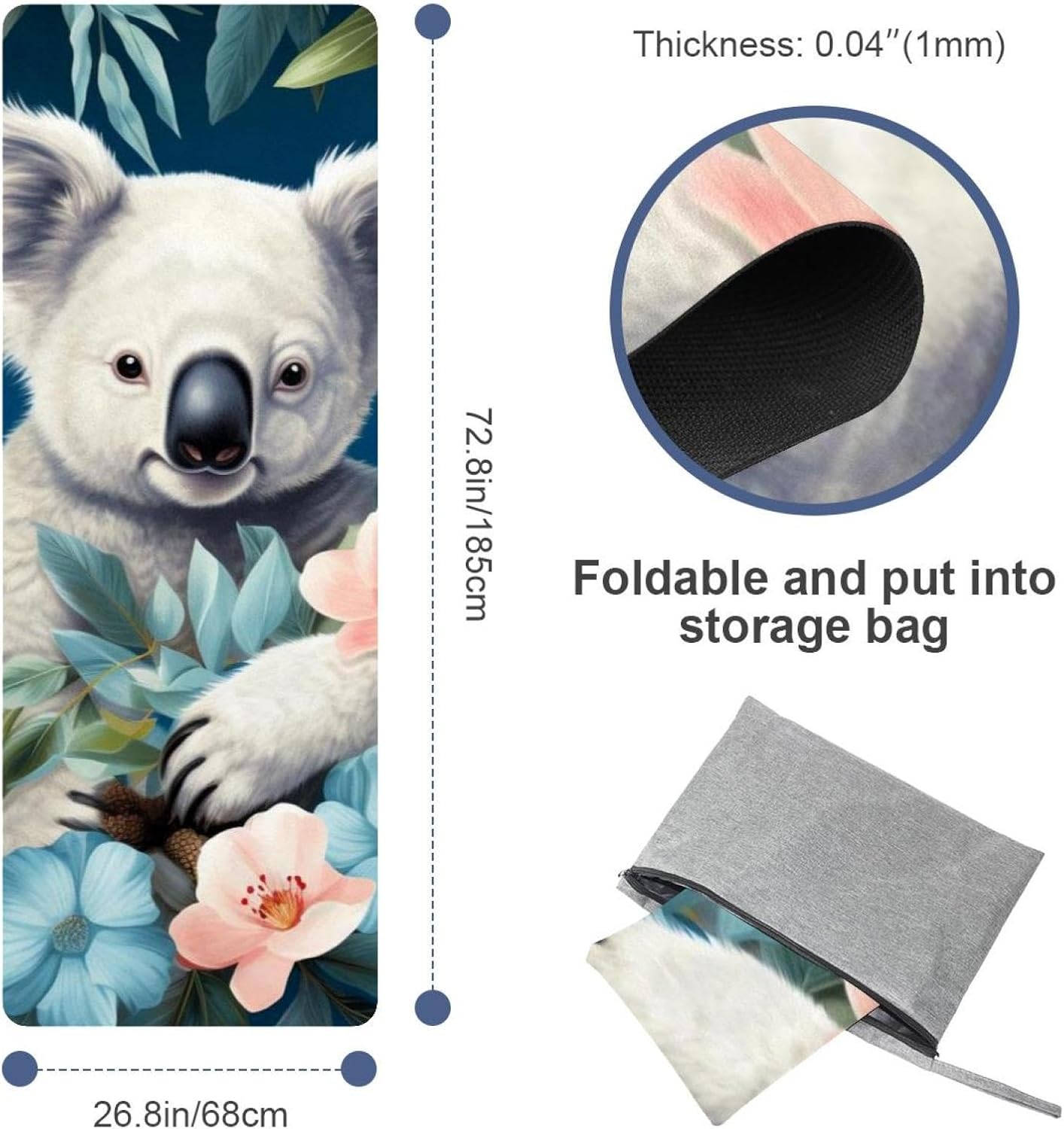Yoga Towel, Koala Flowers Pattern Non Slip Sweat Absorbent Hot Yoga Mat Towel for Hot Yoga, Pilates and Fitness - 72.8" x 26.8"