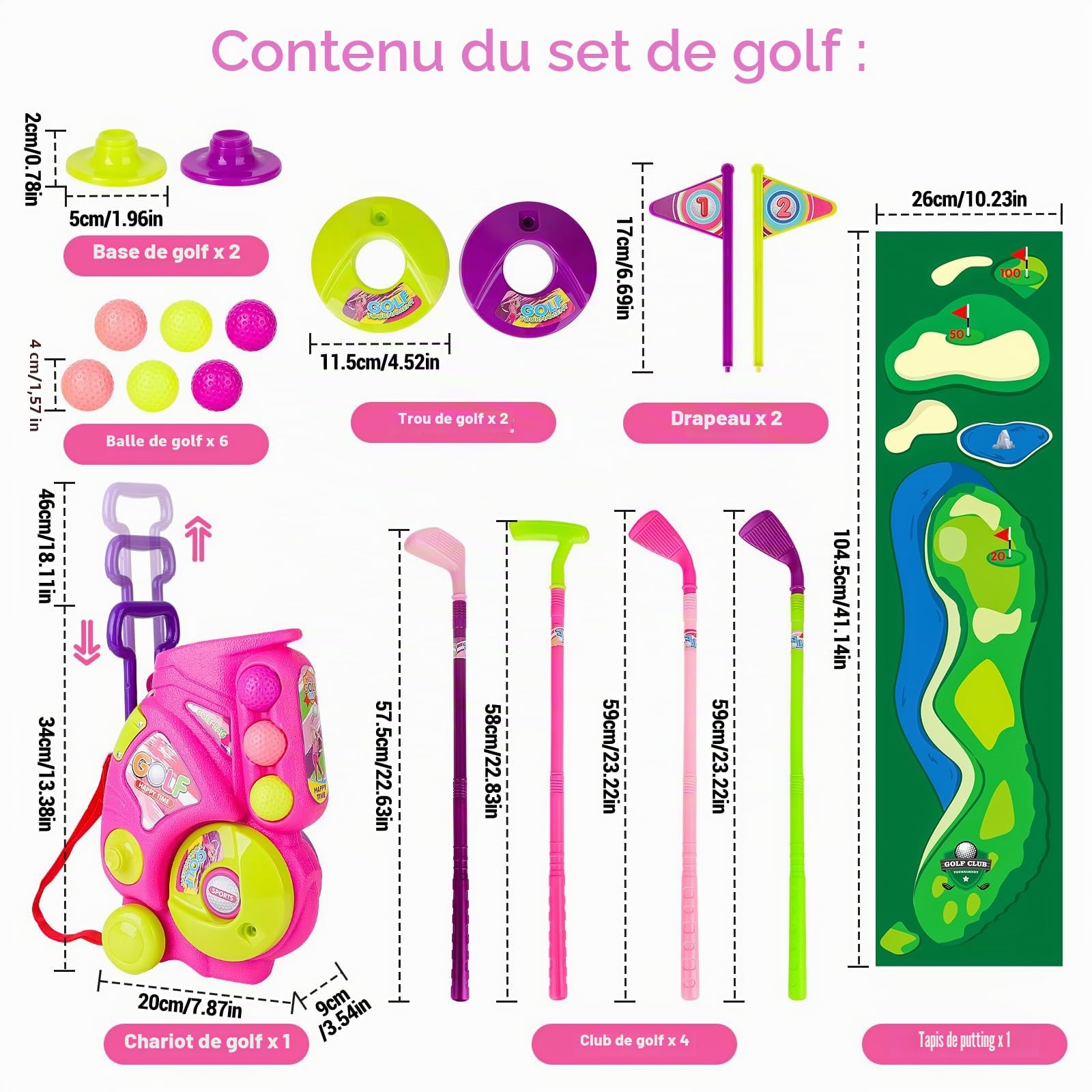 deAO Jeu de Golf pour Enfants, Jouets de Sport d'extérieur et d'intérieur, Jeu de Golf pour Garçons, Filles et Enfants de 3 À 6 Ans, Rose