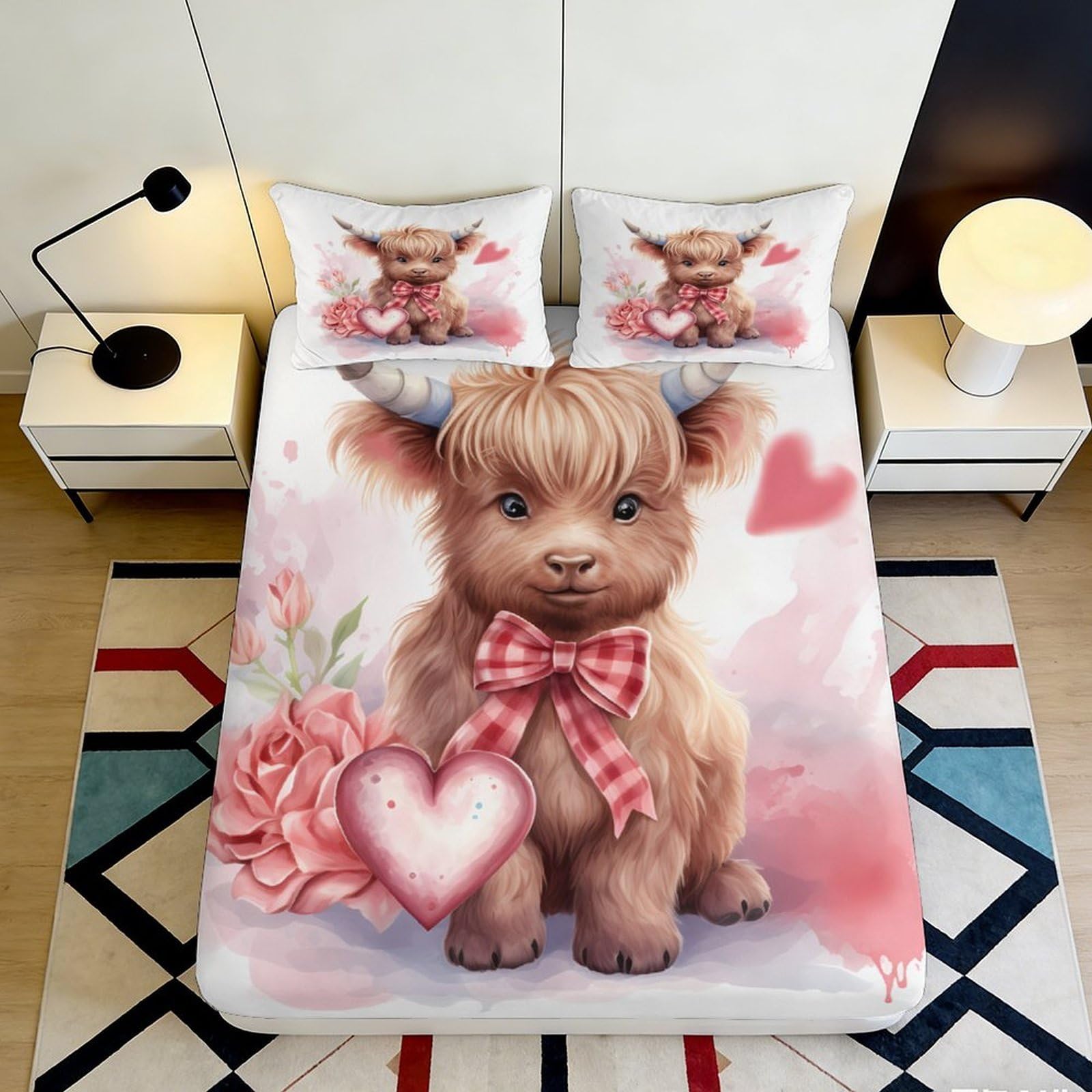 Pnayamiorkfel Style-5 3D Printed Cute Highland Cow Fitted Sheet Microfiber Soft Bedroom Decor Floral Heart Mattress Cover 90X200x25cm