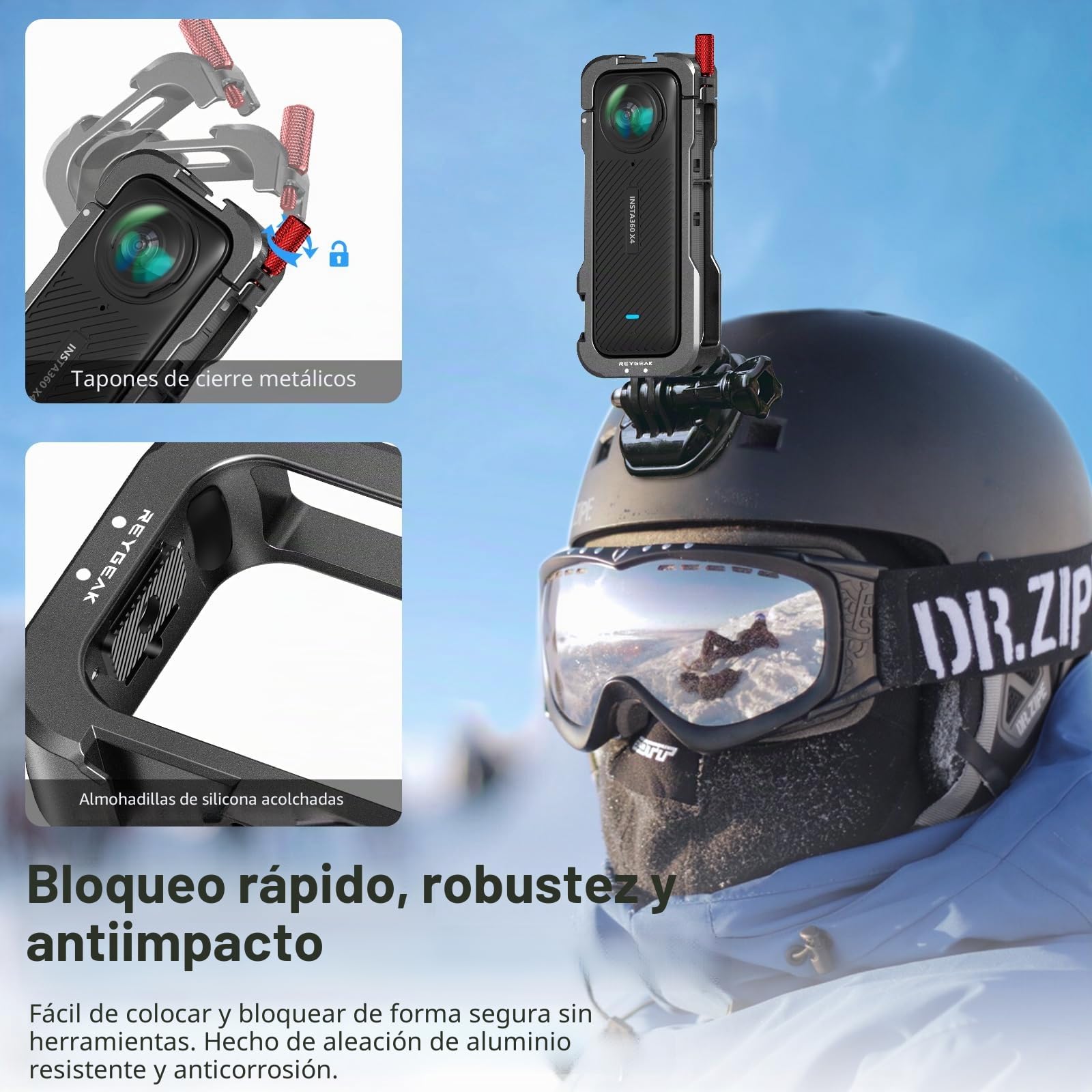 REYGEAK Funda para Insta360 X4, Marco de Aluminio para Insta360 X4, Jaula Protectora con Cubierta de Lente de Silicona, Interfaz de Zapata fría con roscas de 1/4 Pulgadas, Montaje de Zapata fría con