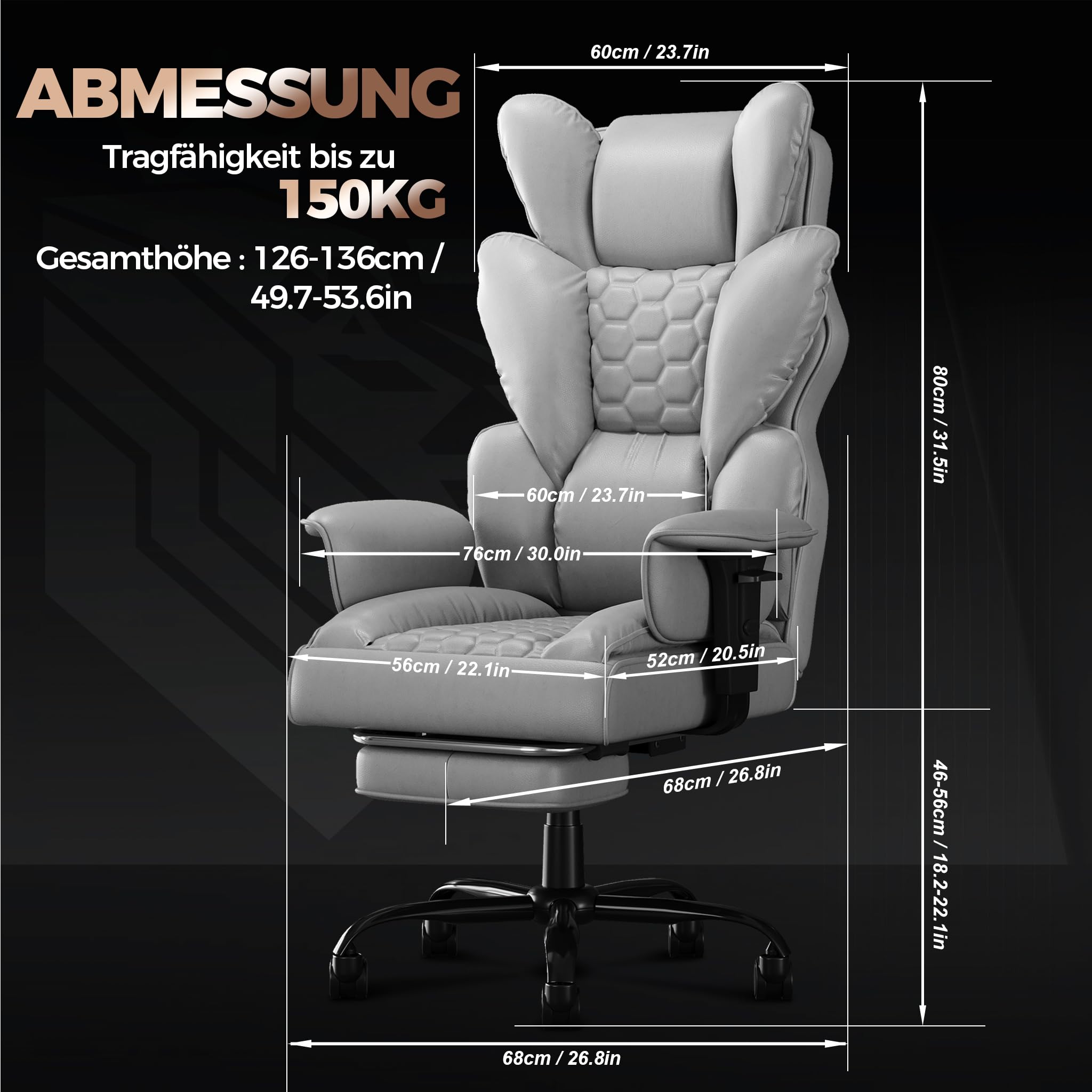 ACXIN Ergonomischer Chefsessel Bürostuhl PU-Leder mit hoher Rückenlehne, 150° verstellbar, verstellbare Armlehnen & Fußstütze für Büro, Homeoffice & Gaming (Grau, Belastbarkeit 150 kg)