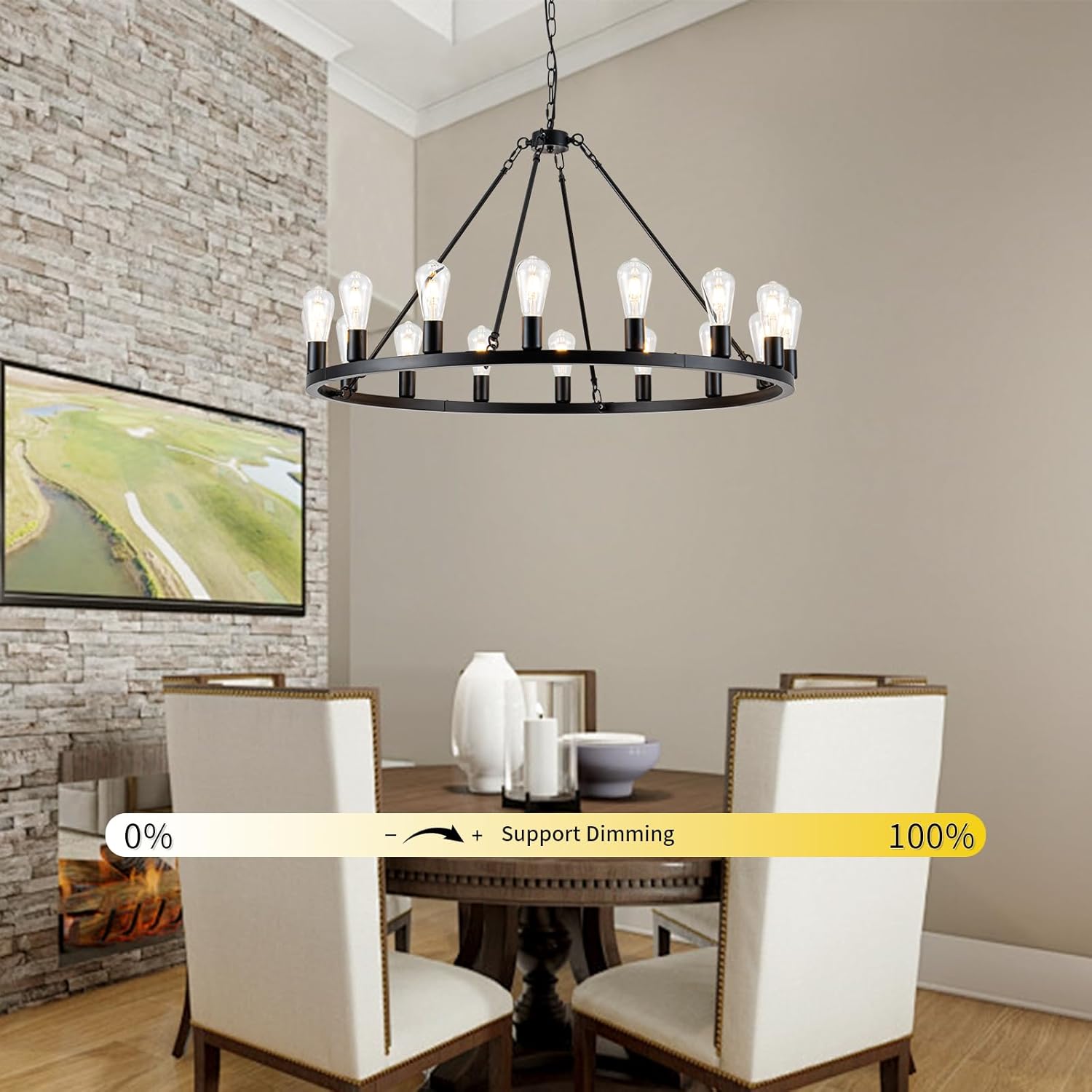 16-Light Black Wagon Wheel Chandelier, 40 inch Farmhouse Chandelier Dining Room, Round Rustic Chandeliers, Vintage Ceiling Hanging Pendant Light Fixture for Kitchen Island Living Room Bedroom Foyer