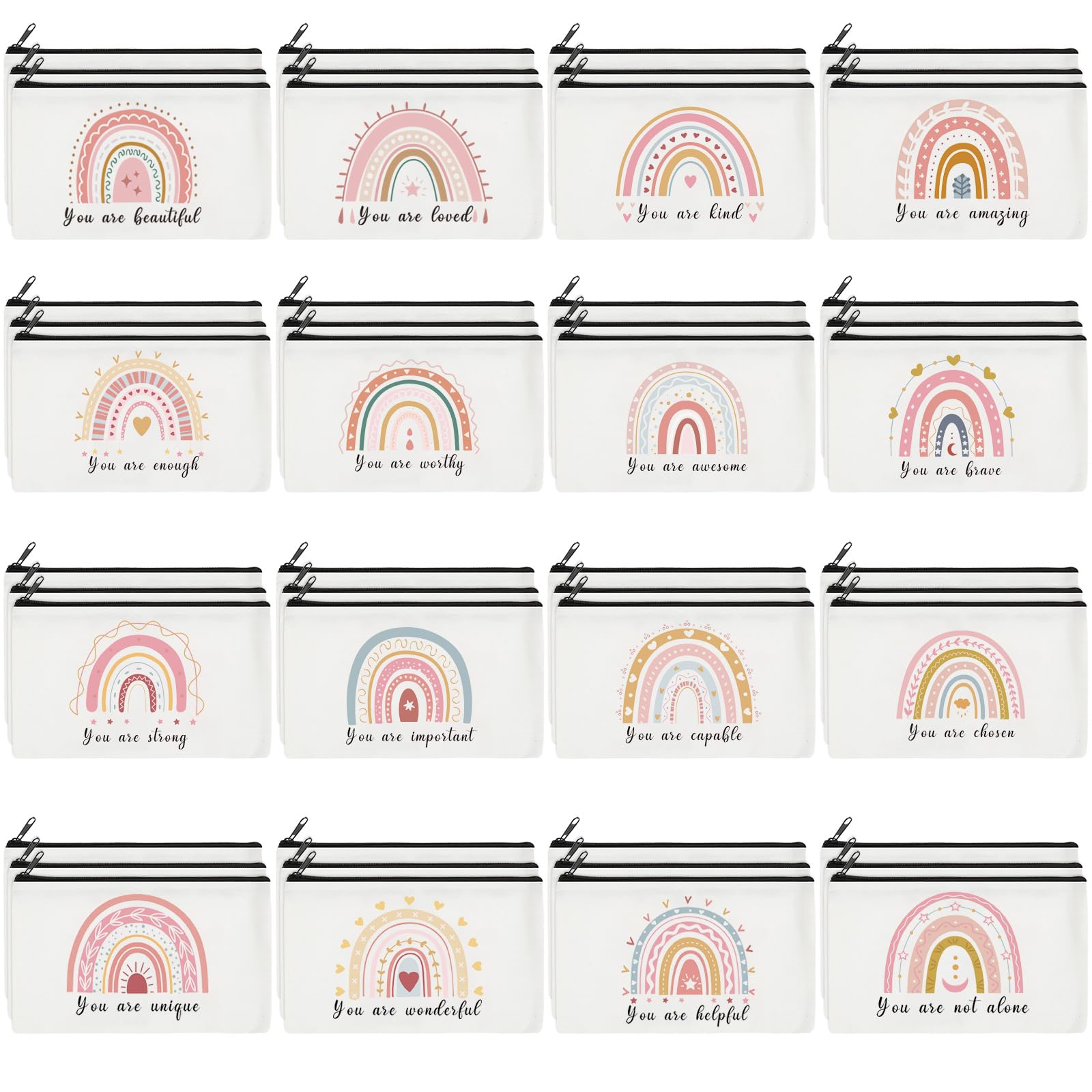 48 Pcs Rainbow Makeup Bags Bulk Rainbow Cosmetic Bags Appreciation Gifts for Women Girls Inspirational Quotes Makeup Pouches Boho Makeup Bags with Zipper Rainbow Travel Pouch, 16 Styles