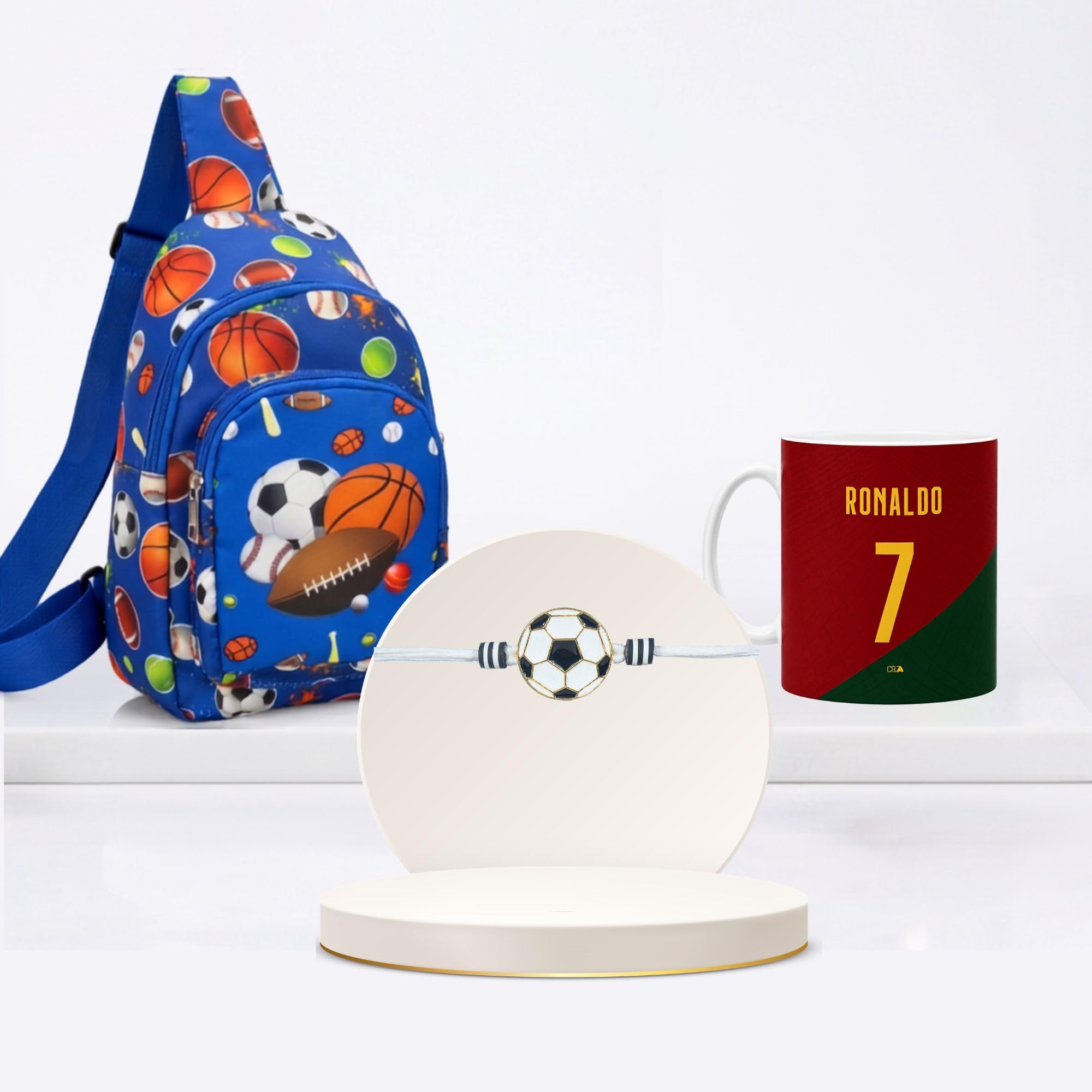 Kizzi Sports Rakhi Gift Hamper for Brother | Football Theme Kids Rakhi with Ronaldo Mug & Sling Bag |Combo Set for Boys | with Greeting Card & & Tilak Set - MG-RO-BG4-F12-image-47
