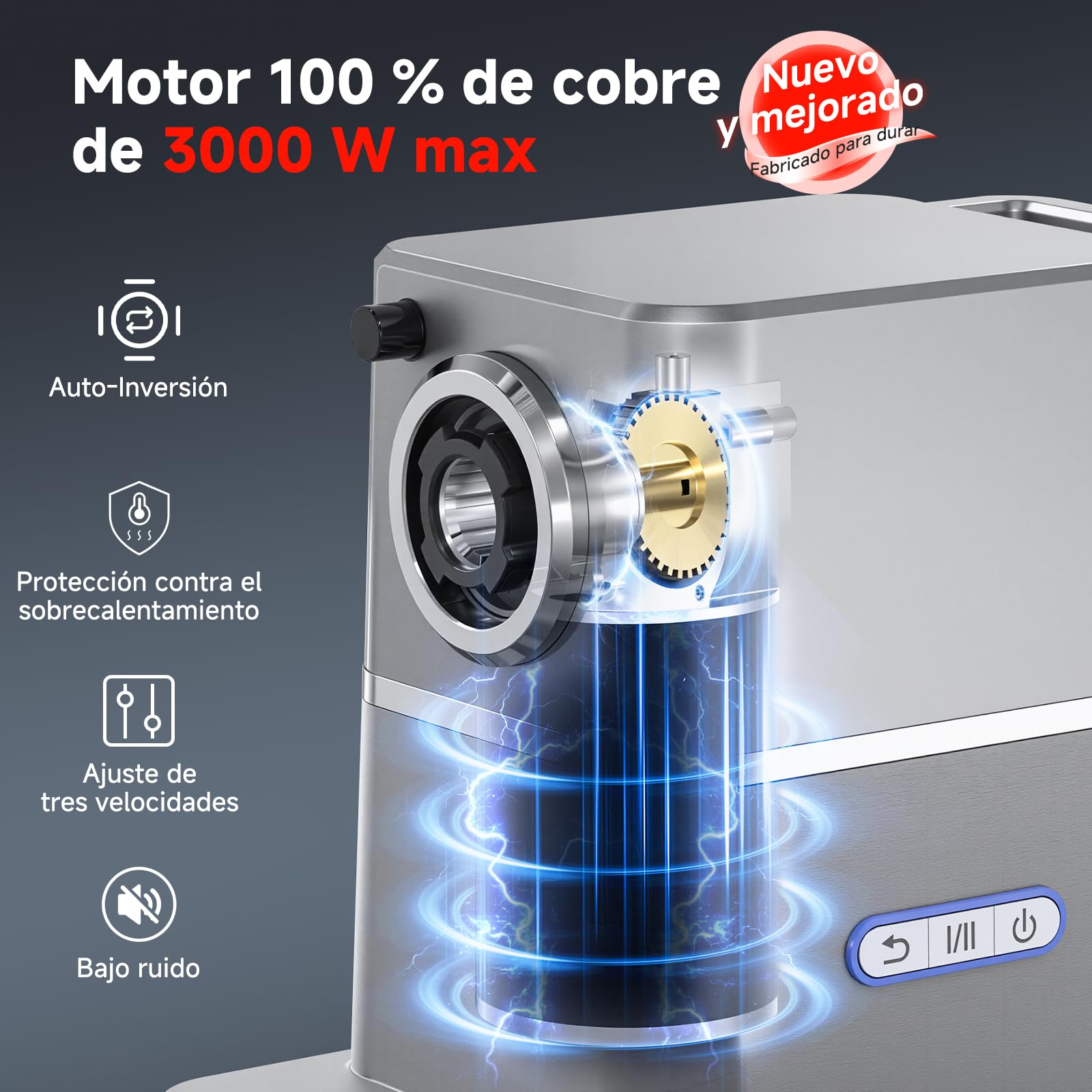 AOBOSI Picadora De Carne Silenciosa - 3000W Máx. Con Motor DC, Solo 60dB, Reversa Automática Y Empujador De Alimentos Con Almacenaje - 3 Niveles De Velocidad, Para Moler, Hacer Embutidos Y Kibbe