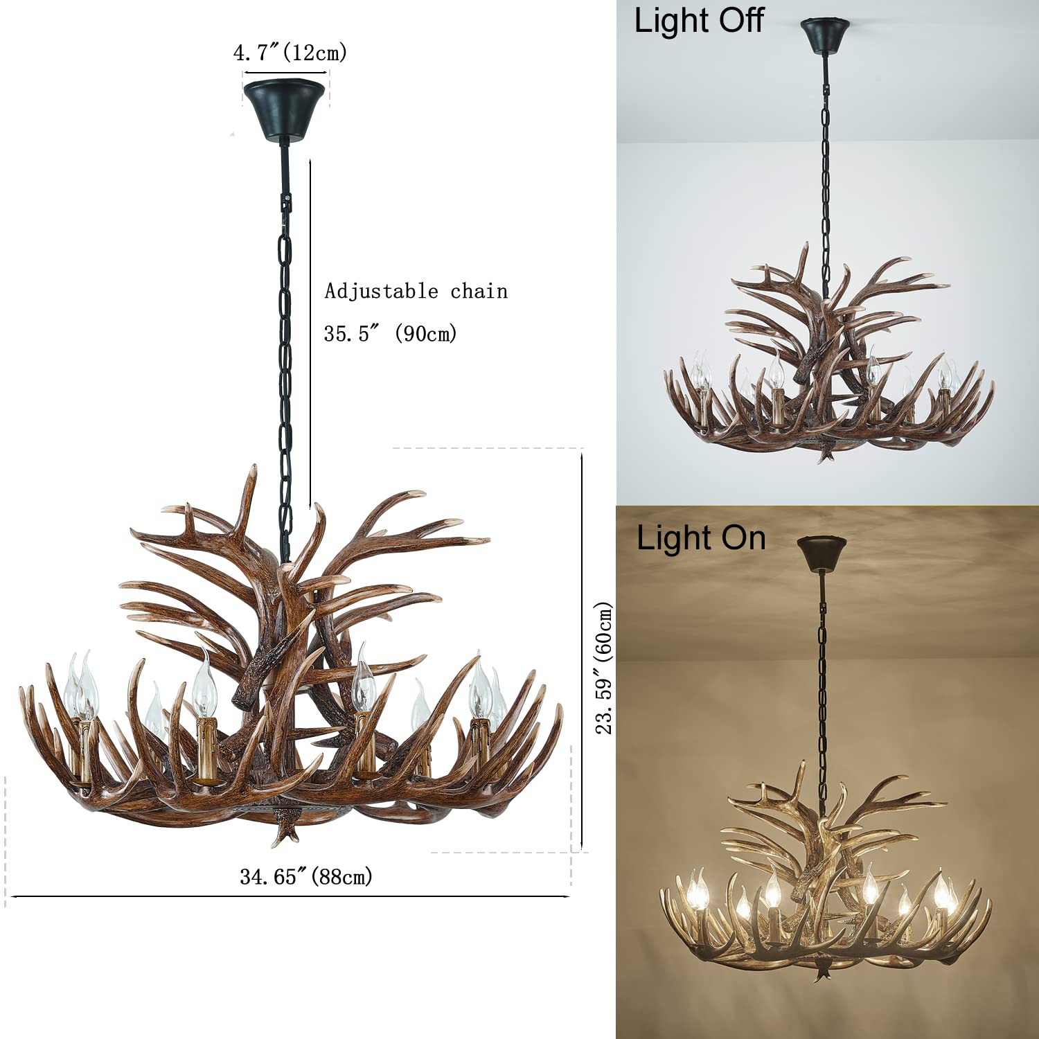 Żyrandol z poroża jelenia, 9 lamp, oświetlenie w stylu amerykańskim, żyrandol z poroża jelenia, lampa sufitowa z poroża jelenia do sypialni, salonu, jadalni (9 lamp z poroża + 6 poroży)