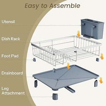 SNTD Dish Drying Rack - Small Dish Rack for Kitchen Counter, Stainless Steel Dish Drainer with Utensil Holder and Drainboard, 11