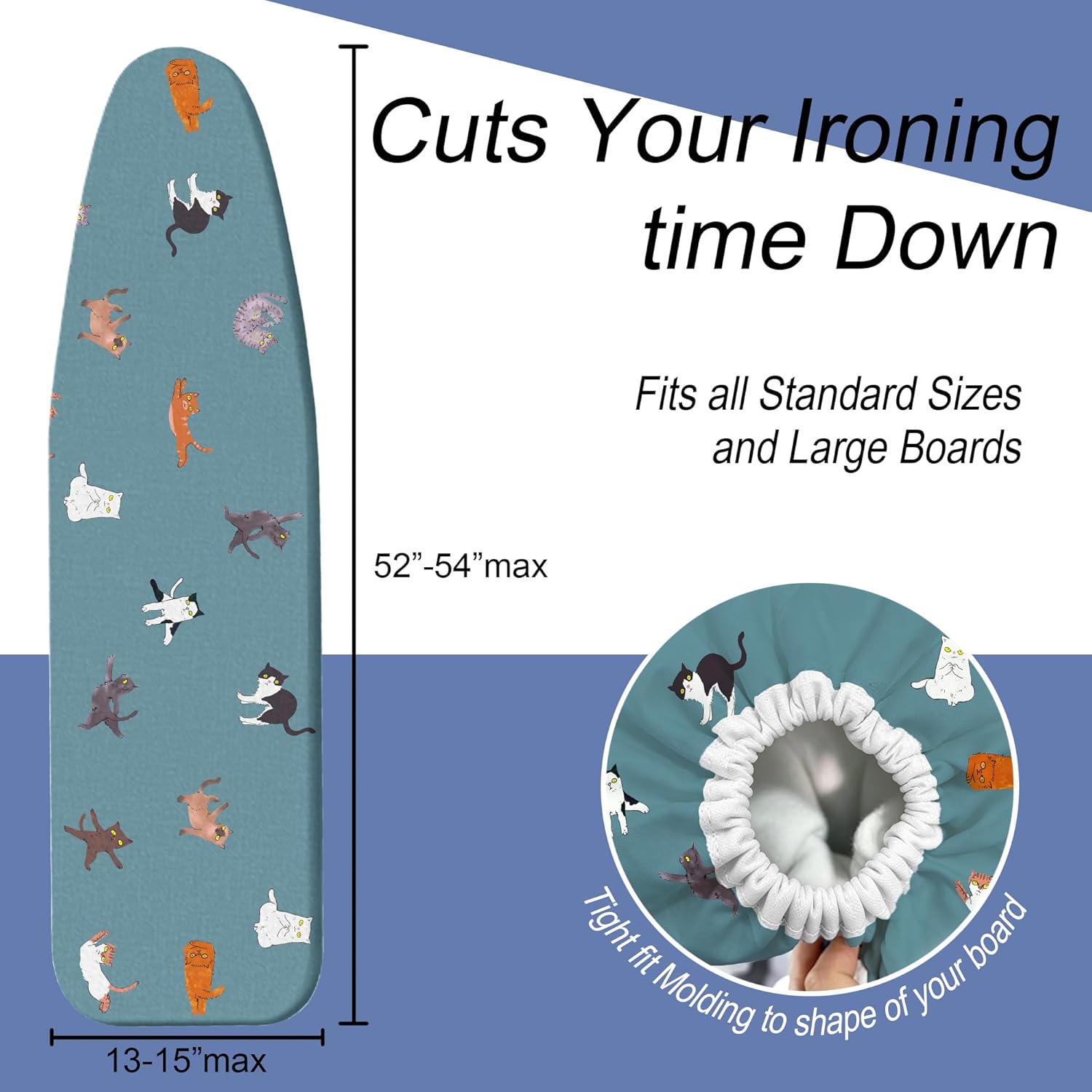 Funny Cat Ironing Board Cover and Pad 15x54 Inch, 100% Cotton Surface Durable Iron Cover, Standard Size Ironing Board Covers, with Elastic Edge & 2 Hook & Loop Fastener Straps for Easy Installation