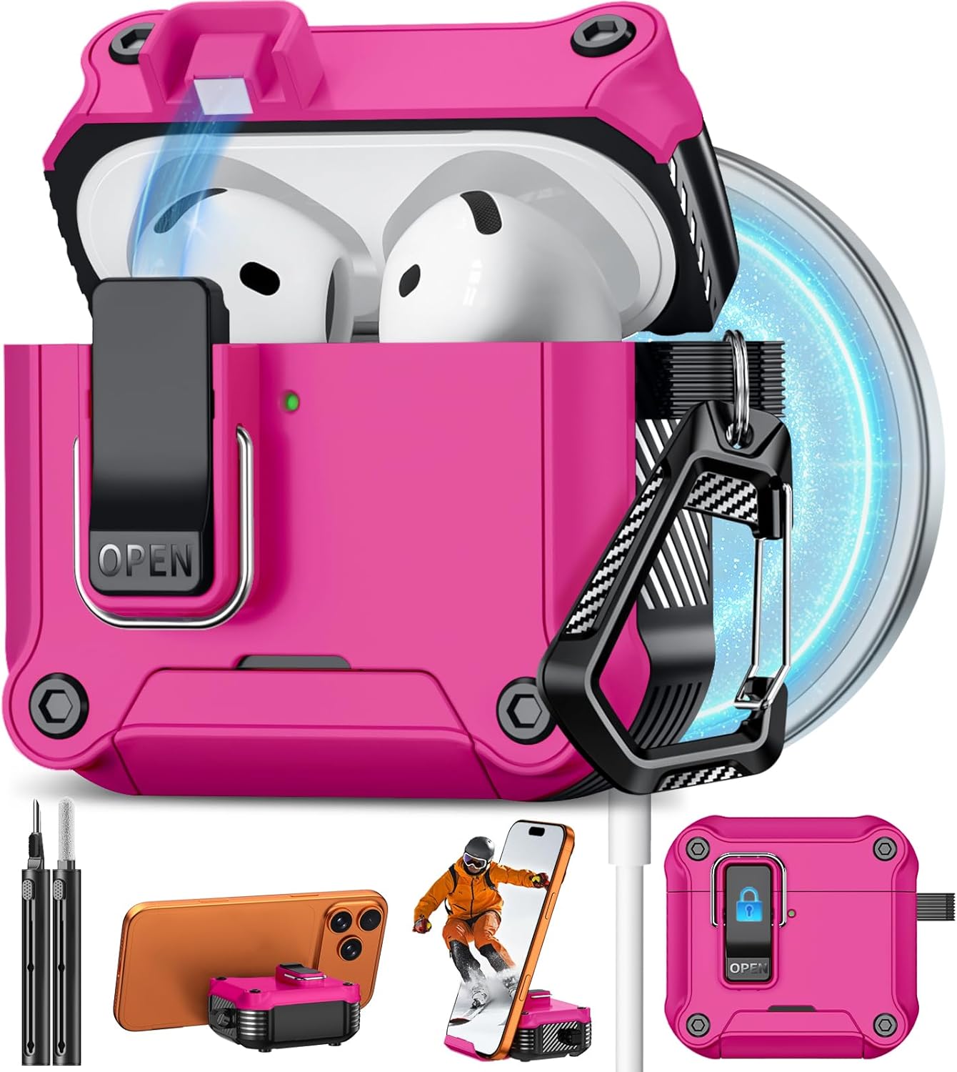Pohgelan Compatible with AirPods 4 Case with Lock,Magnetic Automatic Lock with Cleaning Kit,Compatible with Magsafe Cover -Rose red