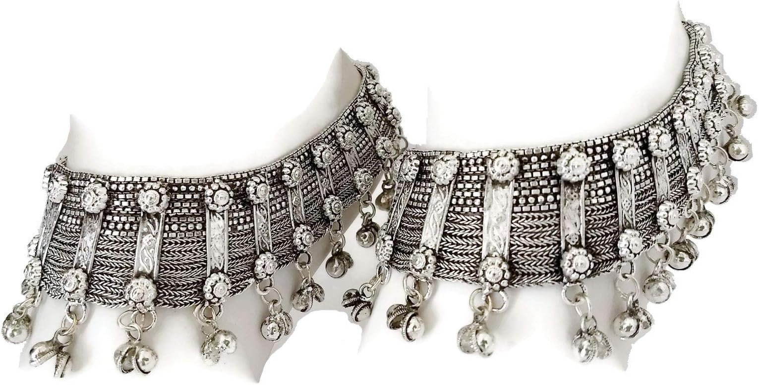 Womens Anklet Pair | Tribal Gypsy Boho Hippie Music Festival Kuchi Banjara Style Novelty Fashion Jewelry | Boho Wedding Barefoot Sandals | Chain Ankle Bracelets | Bollywood Indian Payal Handcrafted