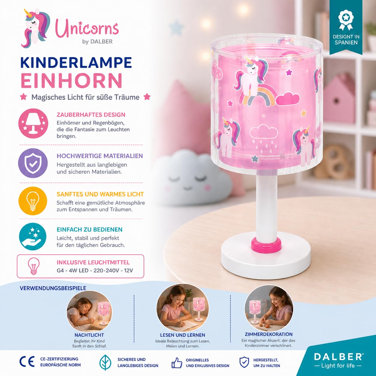Dalber Kinder Tischlampe Nachttischlampe Nachtlicht Unicorns Einhörner, 41591N, G4-4W LED - Glühbirne enthalten, Rosa | Nachtlicht; 4W LED; Glühbirne enthalten