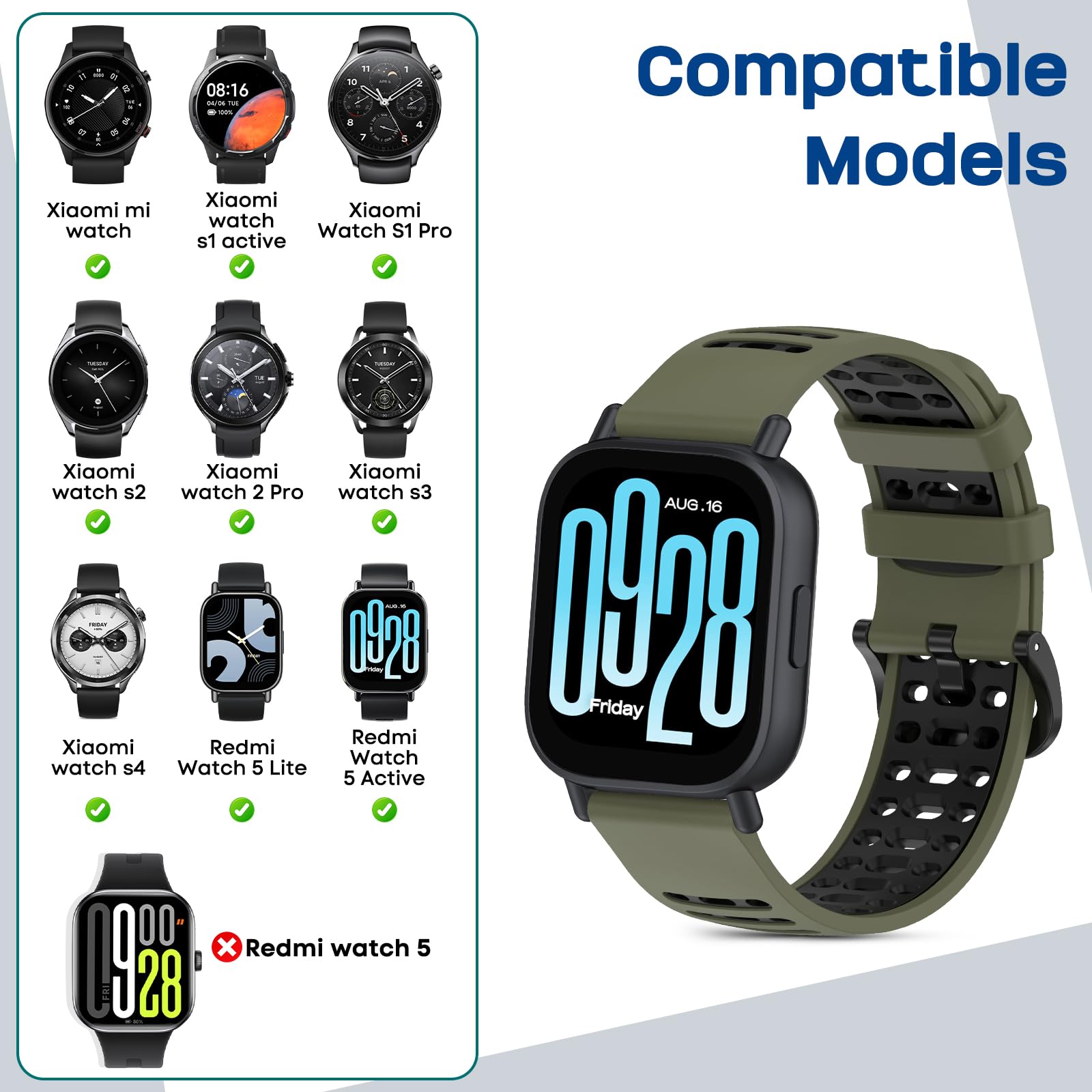 SenMore Cinturino per Redmi Watch 5 Active/5 Lite/Xiaomi Mi Watch/S1 Active/S1 Pro/S1/S2/S3/S4/2/2 Pro, 22mm Sportiva in Silicone di Ricambio