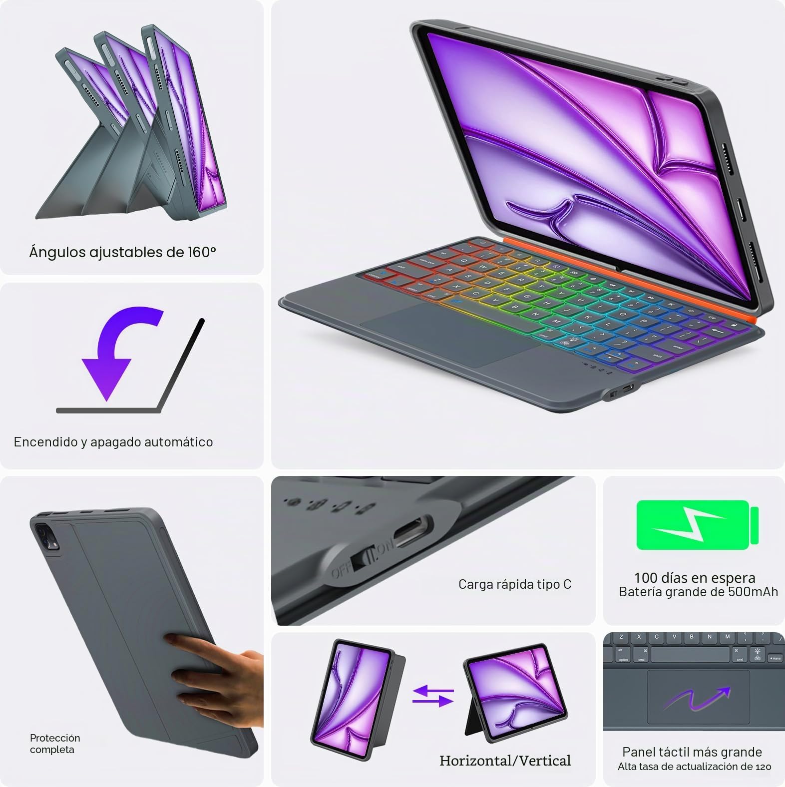 Funda con Teclado para iPad Air 13 Pulgadas (M4/M3/M2, 2026/2025/2024), Teclado Inalámbrico para iPad Pro 12,9 6ª/5ª/4ª/3ª, Desmontable Magnéticamente, Trackpad, Retroiluminación en 7 Colores (Gris)