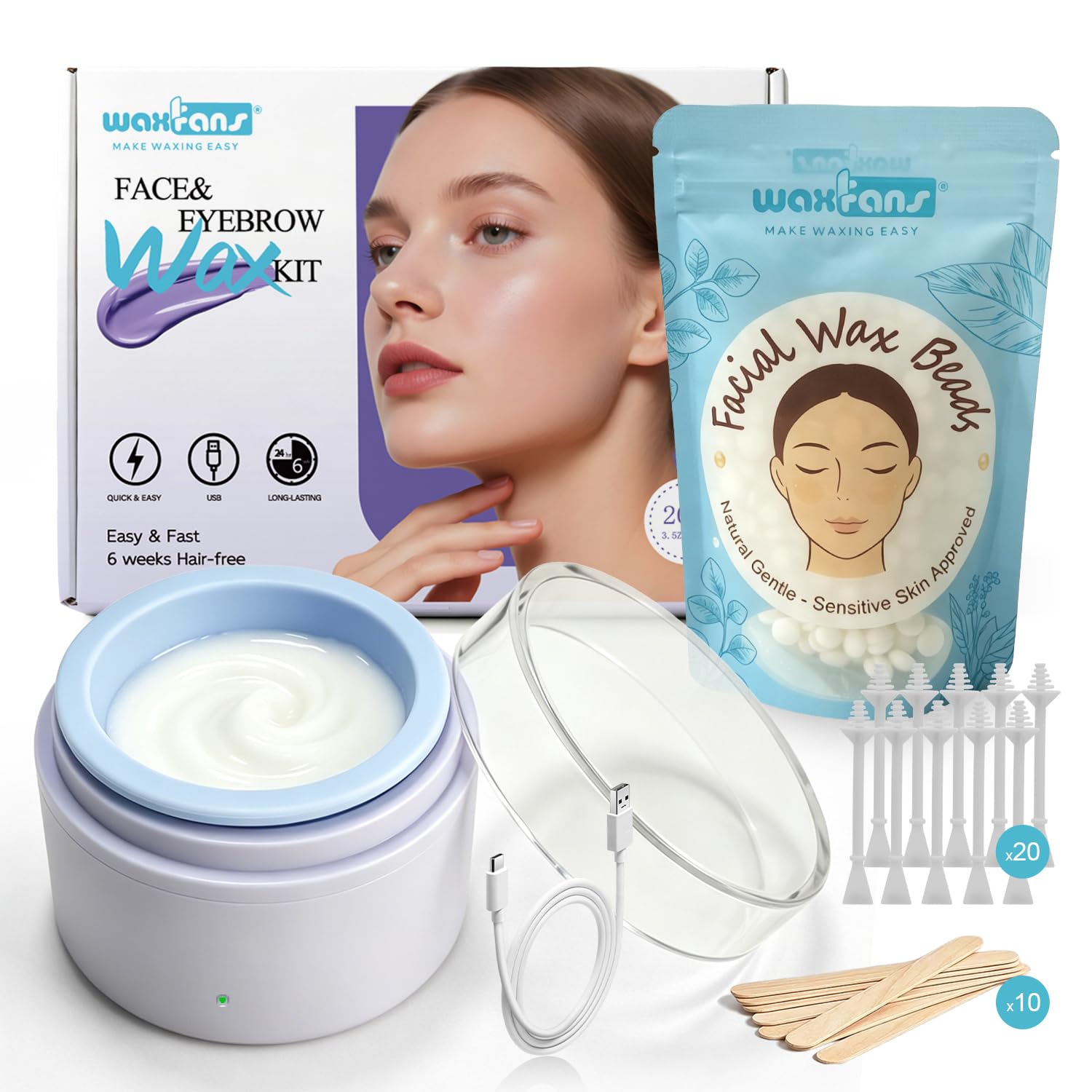Waxfans Gesichtswachs-Set für Frauen, Augenbrauenwachs-Set mit Mini-Mini-Wachstopf, Gesichtshaarentfernung für empfindliche Haut, Mini-Wachsset mit 100 g Gesichtswachsperlen, für Augenbrauen, Lippen
