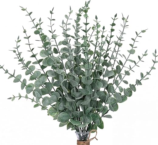 CEWOR 24pcs Eucalyptus Stems Decor Artificial Eucalyptus Leaves Faux Greenery Branches for Wedding Centerpiece Flower Floral Arrangement Farmhouse Home Decoration