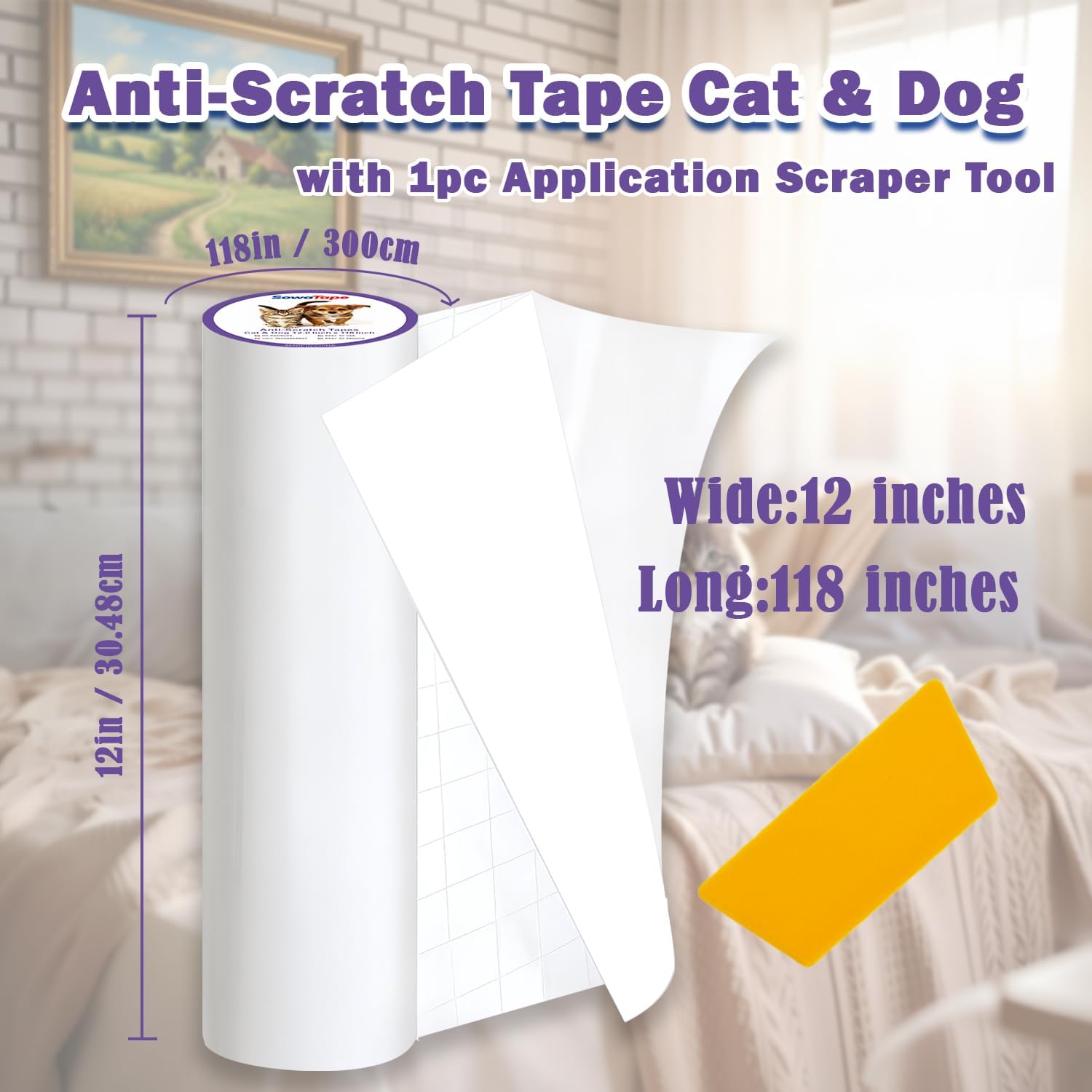Anti-Scratch Tape Cat & Dog with 1pc Scraper Tool,12'' x 118'' | Single sided ,Transparent, With release liner, Self adhesive, Residue‑free, Non‑toxic, furniture protector tape for cats