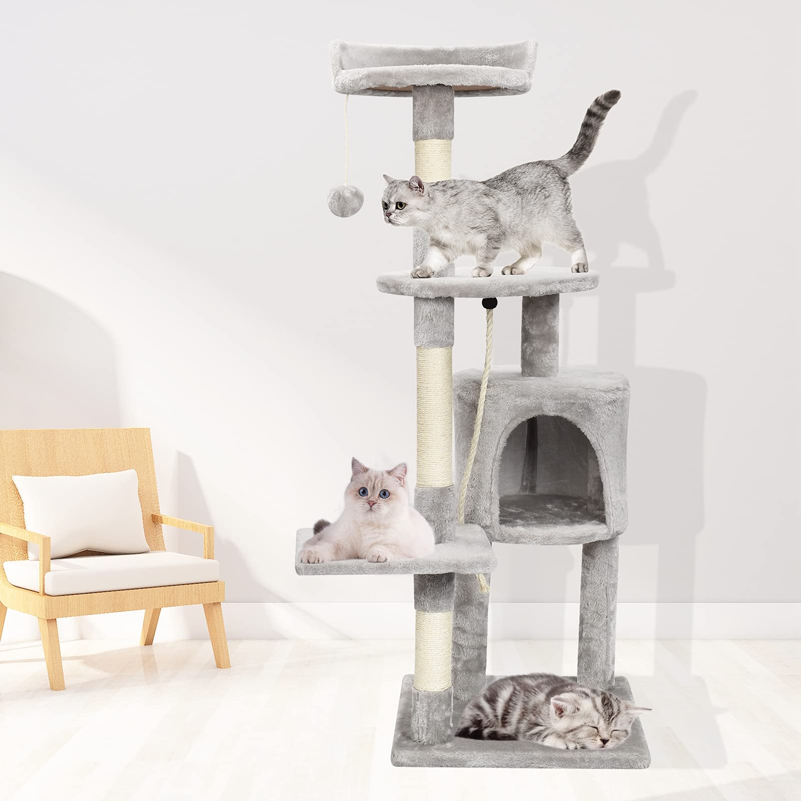 Albero tiragraffi per gatti altezza 112 cm – grotta per lettino, superfici di appoggio, scala e tronchi in sisal, stabile albero da arrampicata per gatti (grigio)