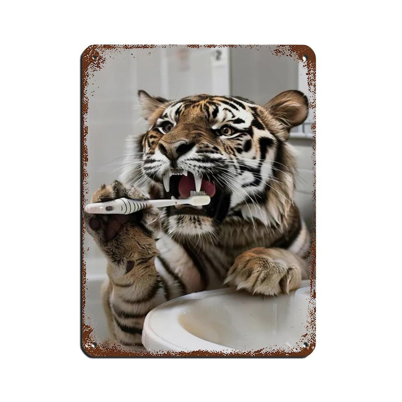 Tiger Brushing Teeth, Hilarious Bathroom Art Tin Sign Vintage Metal Pub Club Cafe Bar Home Wall Art Decoration Poster Retro 12x16inch(30x40cm)