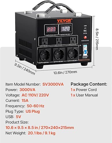 Miniatura 7 de VEVOR Transformador convertidor de voltaje, 3000 W, transformador elevadordescendente de servicio pesado, conversión de 110 voltios a 220 voltios y