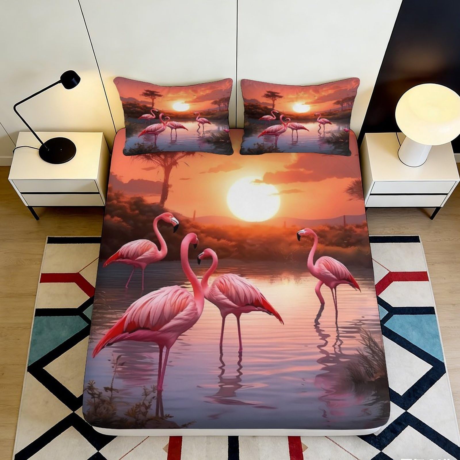 3D Printed Flamingo Sunset Fitted Sheet Microfiber Soft Breathable Flamingo Lake Bed Cover for Bedroom Dormitory Guest Room Mattress Protection Decor 120x200x25cm