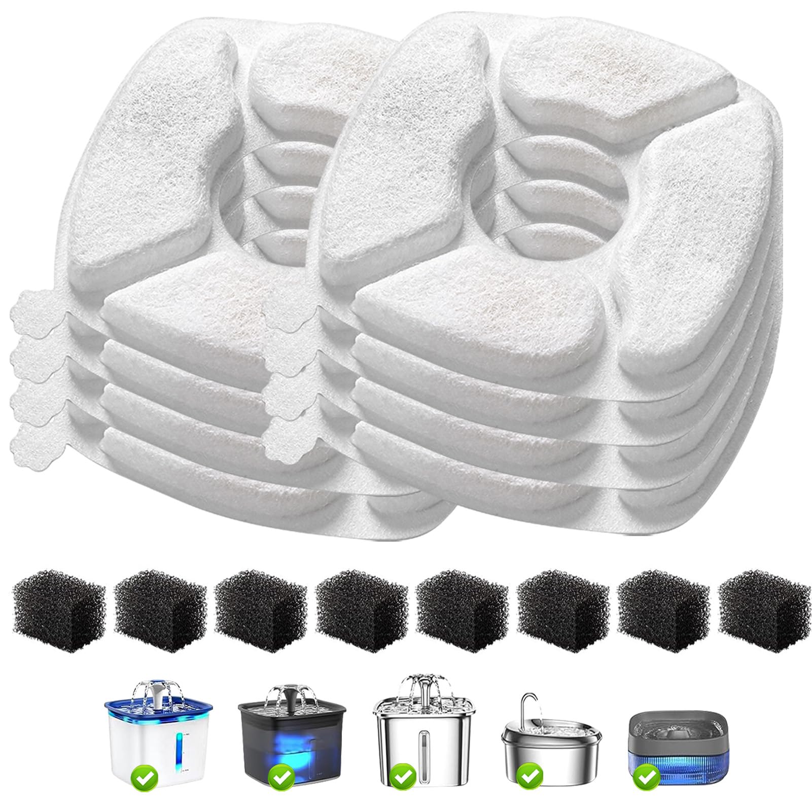 16 filtros de repuesto para fuente de agua para gatos, paquete de 8 filtros de fuente para gatos con 8 esponjas, compatibilidad mejorada para fuente de agua para mascotas de 94 onzas/2.8 L, 134 onzas