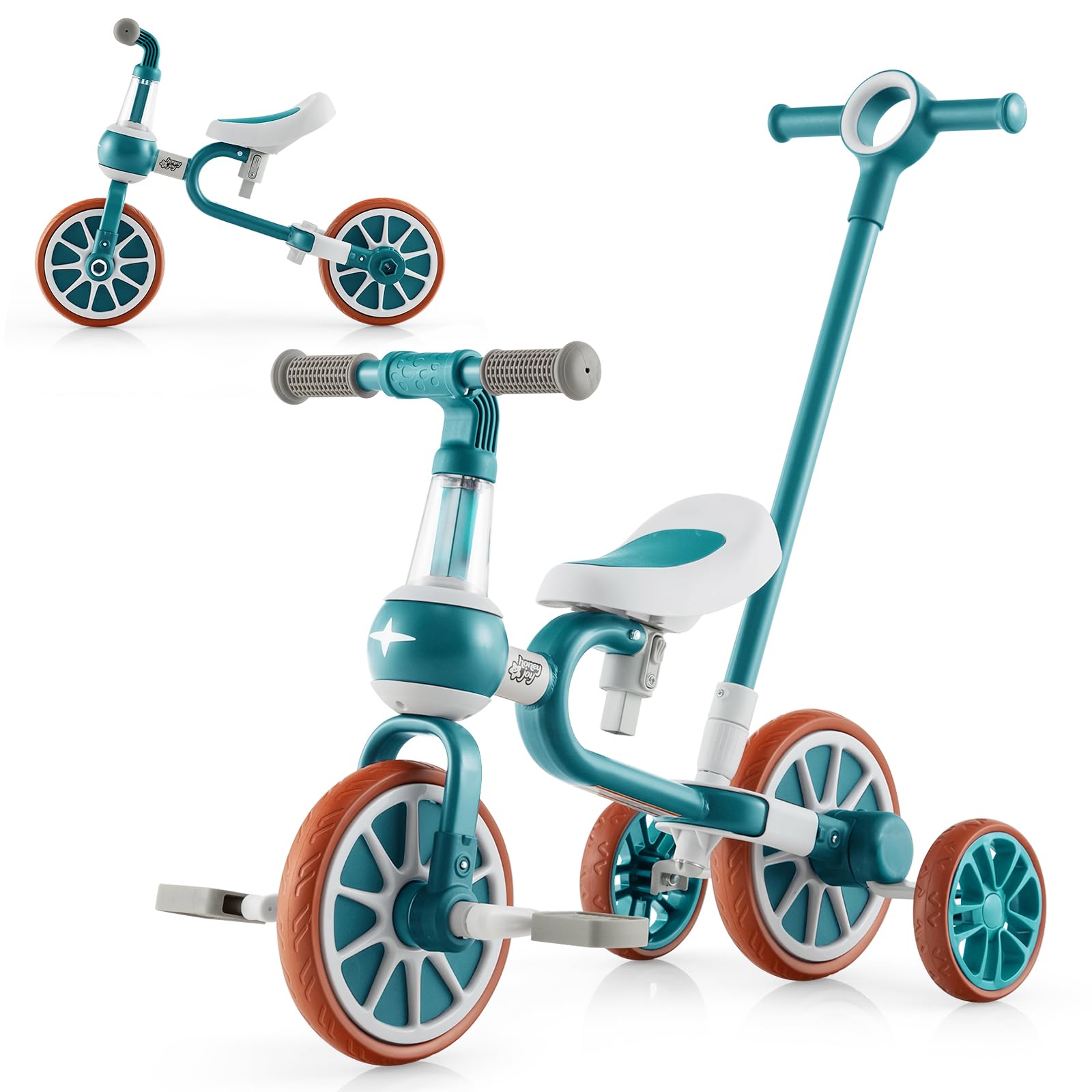 COSTWAY 4 in 1 Tricycle for Toddler 2-4 Years Old, Kids Trike Baby Balance Bike with Adjustable Seat, Parent Push Handle, Removable Pedals and Training Wheels (Green)