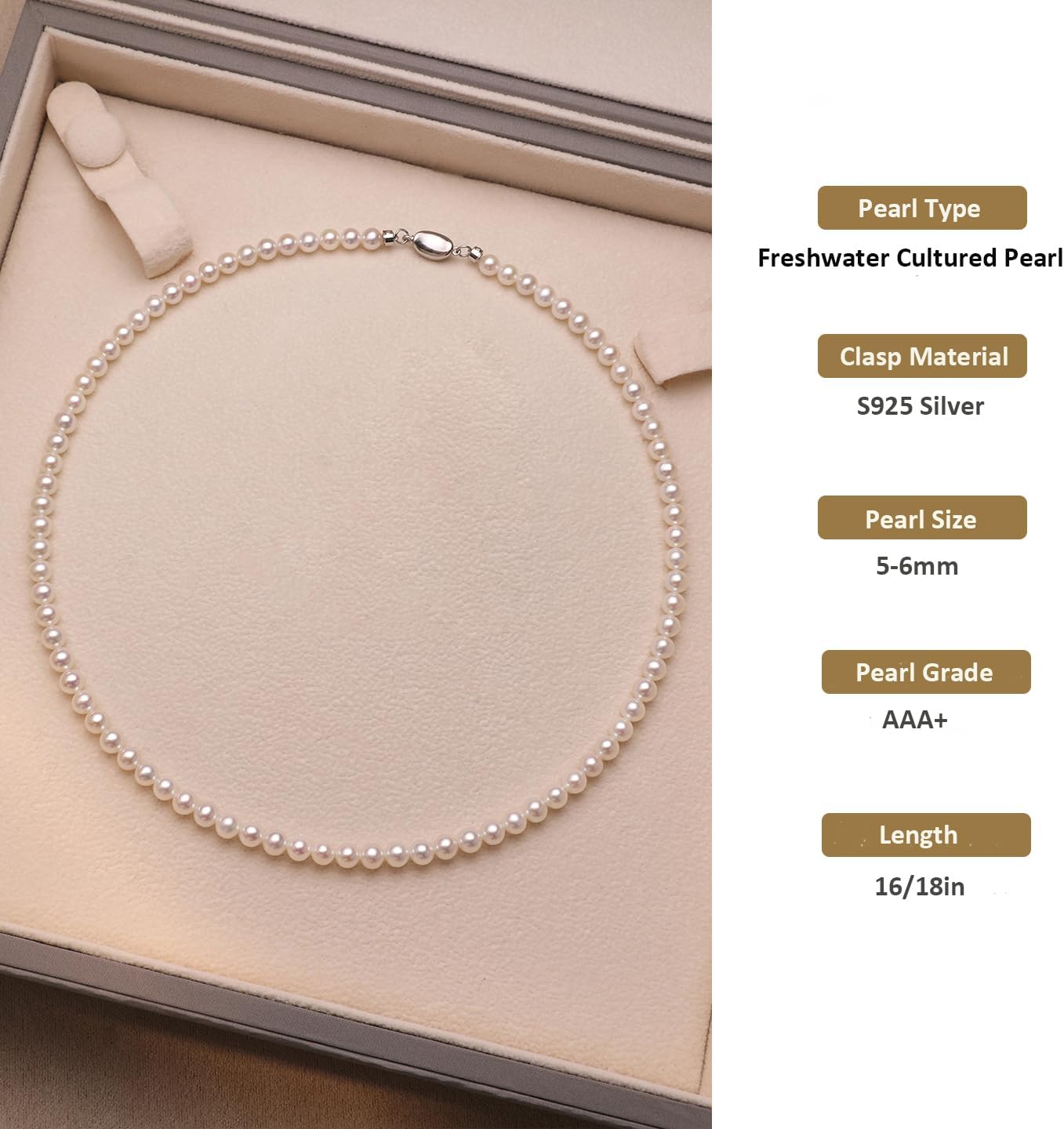 White Genuine Freshwater Cultured Pearl Necklace For Women, 5MM 6MM 7MM 8MM 9MM 10MM, Real Pearl Strand Necklace Jewelry, Good Love Gift For Anniversary, Birthday