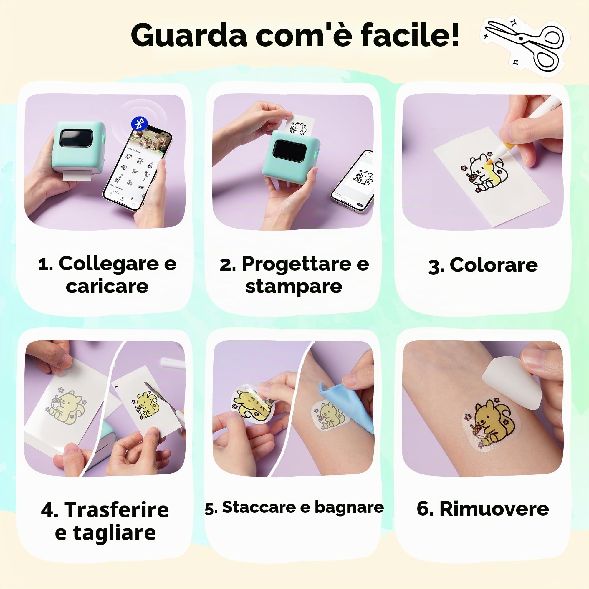 Stampante Tatuaggi per Bambini con Kit di Rica, Crea Tatuaggi Temporanei Personalizzati con 80 fogli per Tattoo e 8 Pennarelli, Kit Tatuaggi per Bambini Per Attività Fai da te, Feste e Regali Creativi