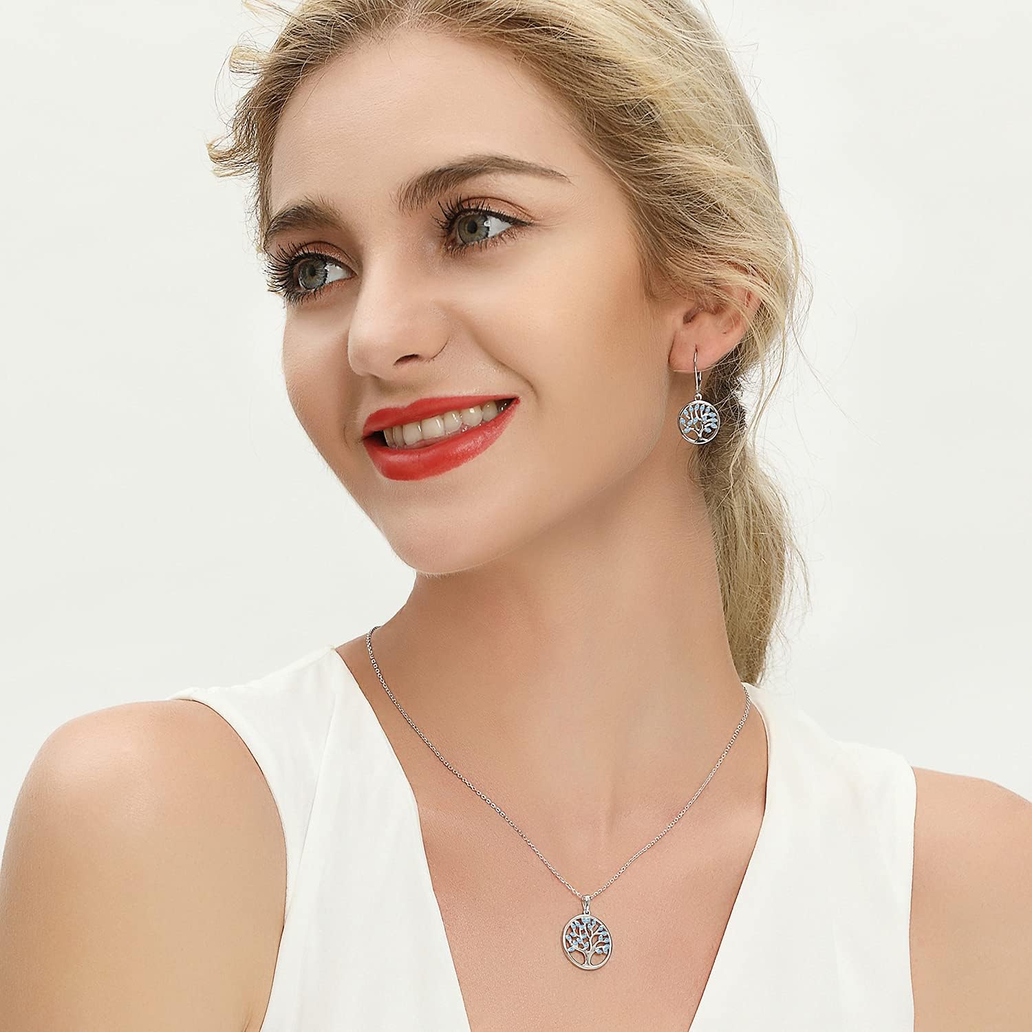 JO WISDOM Women Earrings,925 Sterling Silver March Birthstone Aquamarine Color Family Tree of Life Drop & Dangle Earrings - Image 4